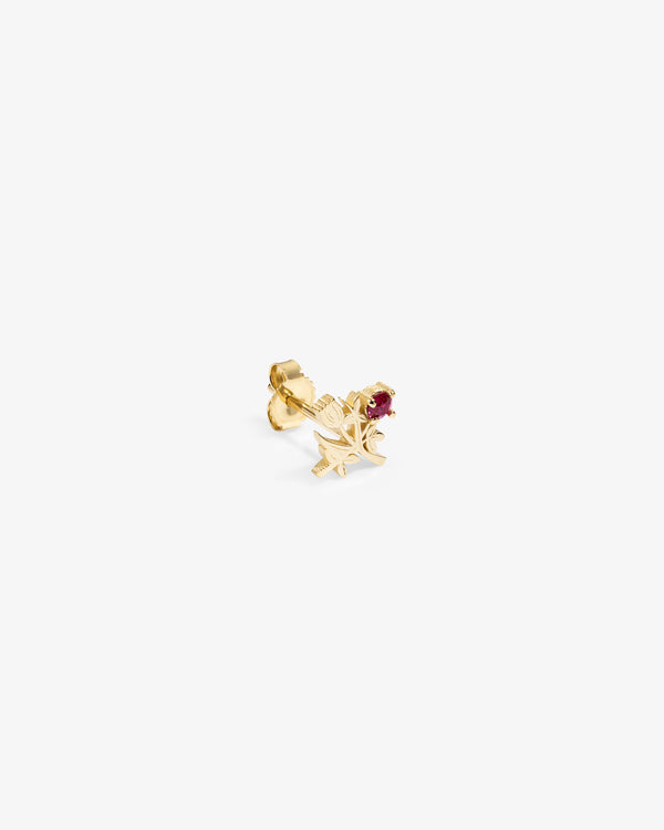 14Kt Gold Ruby Crest Earring with a leaf design and red gemstone, shown on a white background.