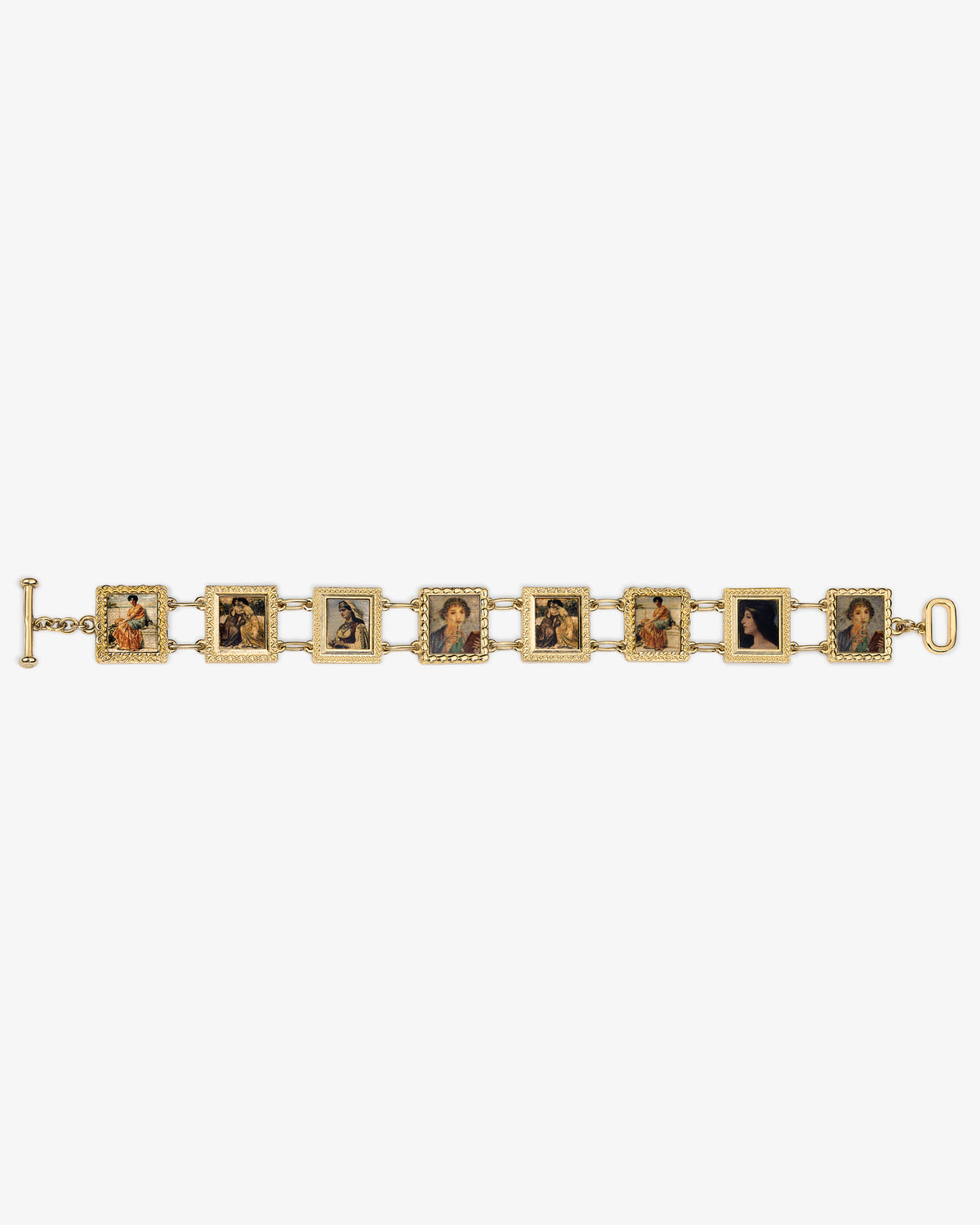 14Kt Gold Portrait Link Bracelet with square links, each showing a classical portrait of women in various poses.