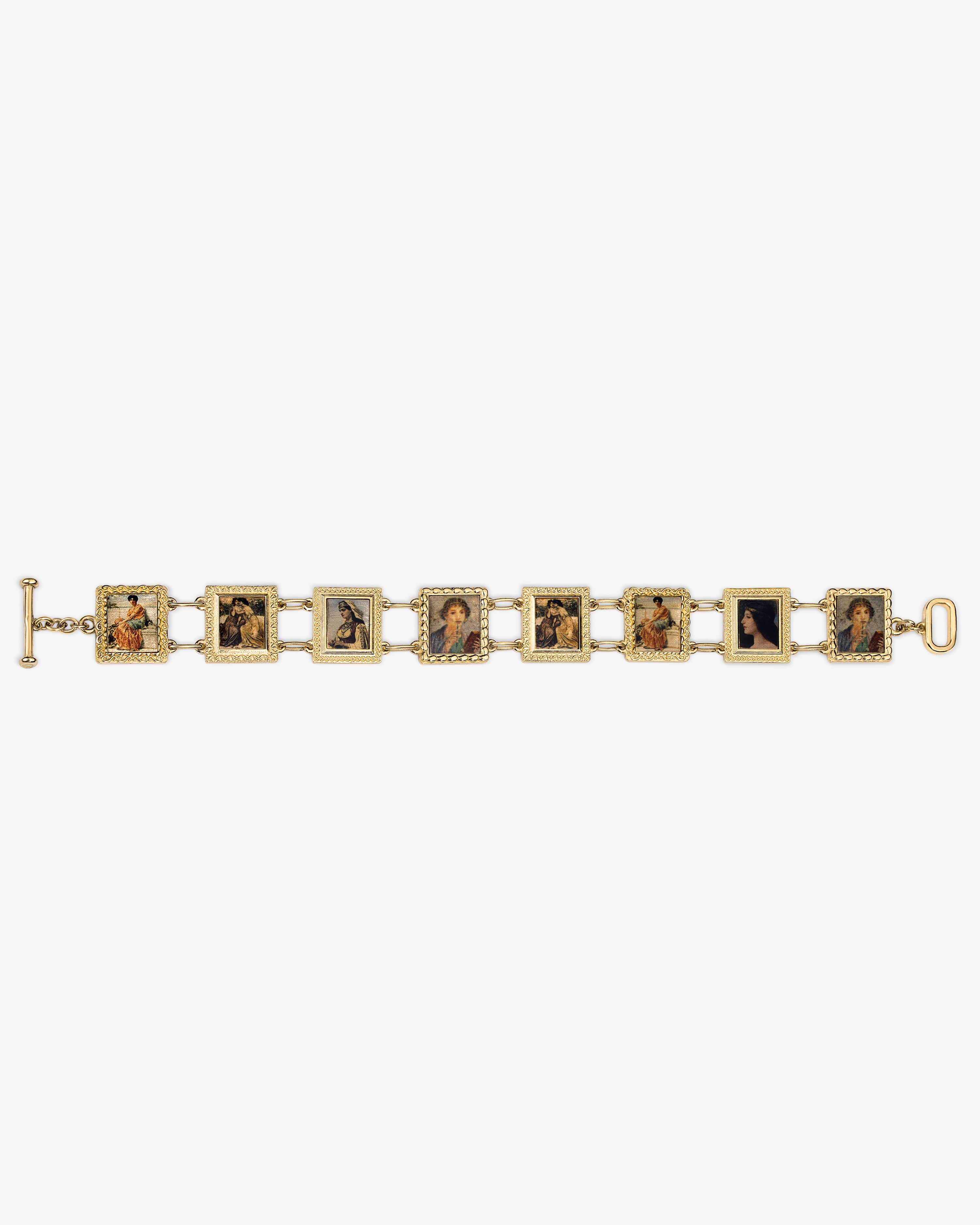 14Kt Gold Portrait Link Bracelet with square links, each showing a classical portrait of women in various poses.