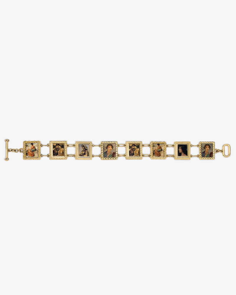 14Kt Gold Portrait Link Bracelet with square links, each showing a classical portrait of women in various poses.