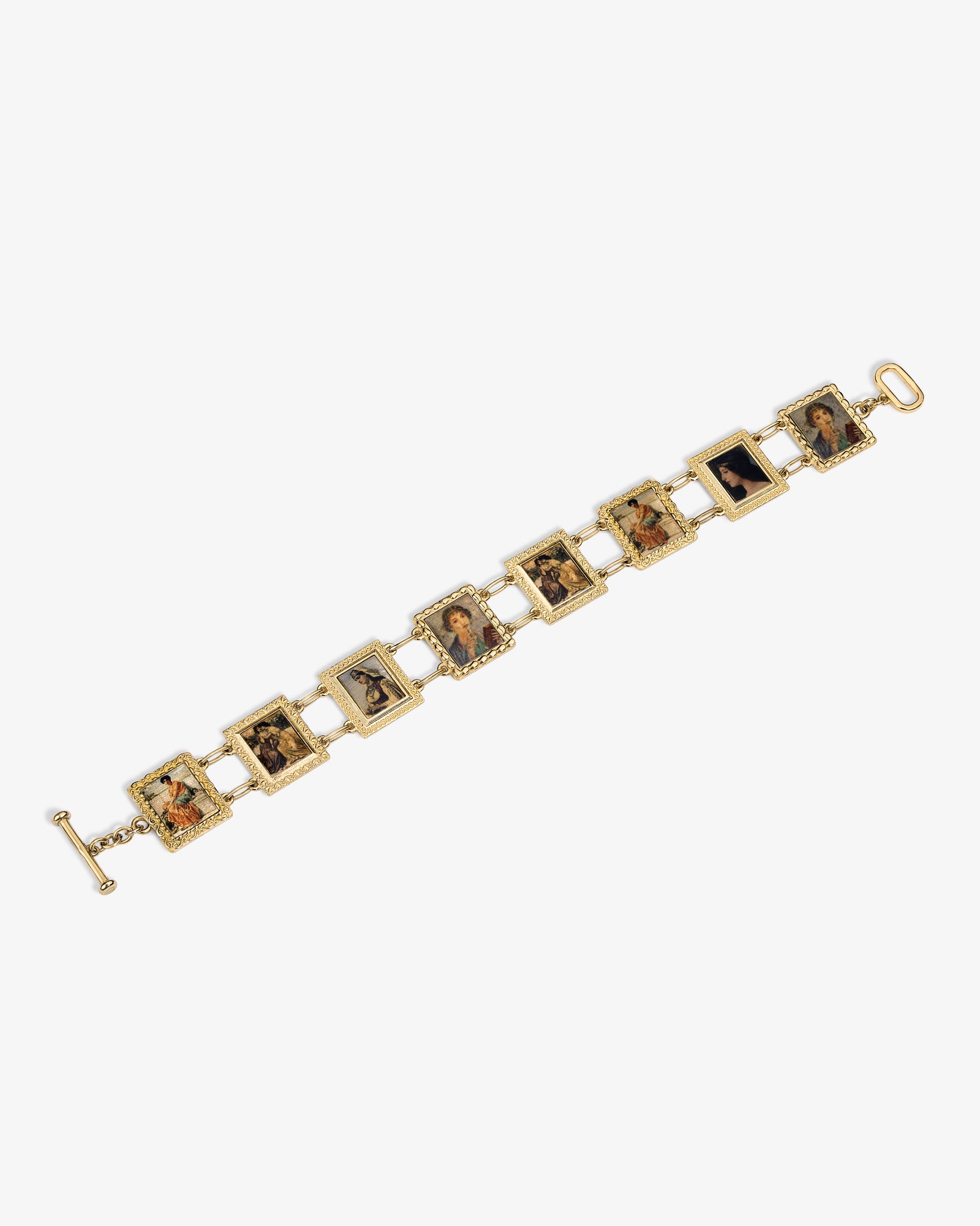 14Kt Gold Portrait Link Bracelet with rectangular frames, each featuring a miniature painted historical woman.