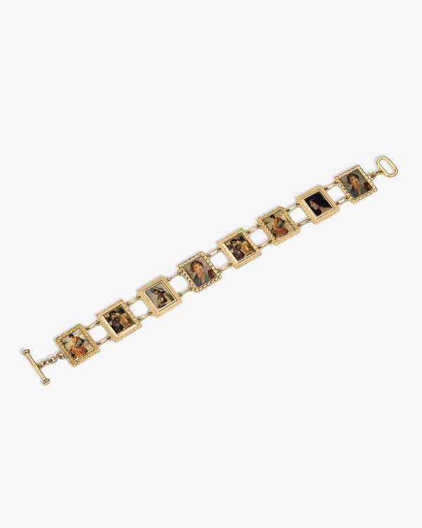 14Kt Gold Portrait Link Bracelet with rectangular frames, each featuring a miniature painted historical woman.