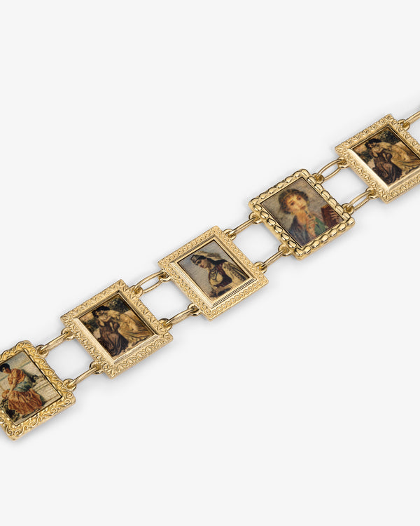 14Kt Gold Portrait Link Bracelet with square frames, each featuring a small painted vintage-style woman's portrait.