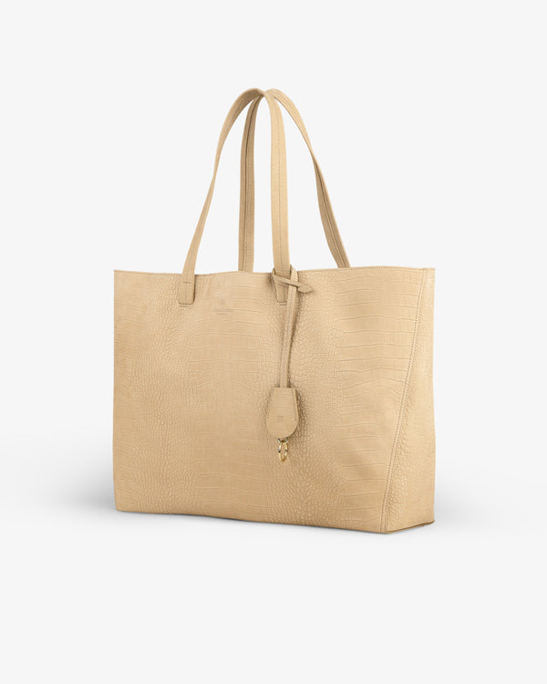 Croc-Embossed Nubuck Tote Bag with two handles and a small leather tag, displayed on a white background.
