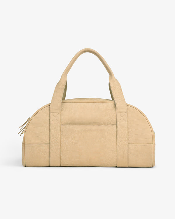 Croc-Embossed Nubuck Duffle with double handles, zipper closure, and a structured semi-circular shape on white background.