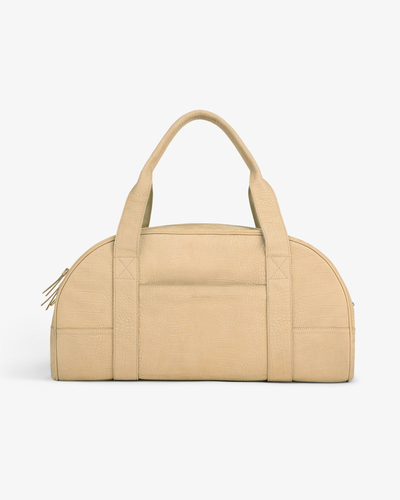 Croc-Embossed Nubuck Duffle with double handles, zipper closure, and a structured semi-circular shape on white background.