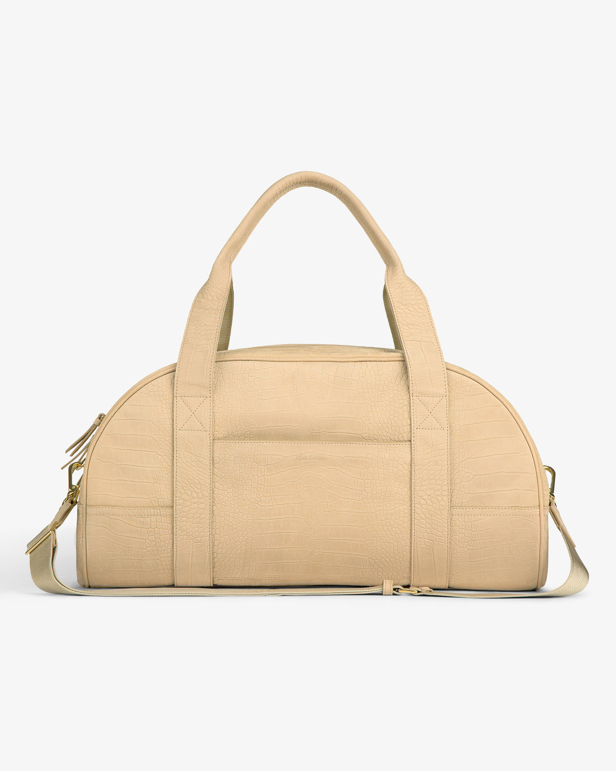 Croc-Embossed Nubuck Duffle with two handles and adjustable strap, shown on a white background.