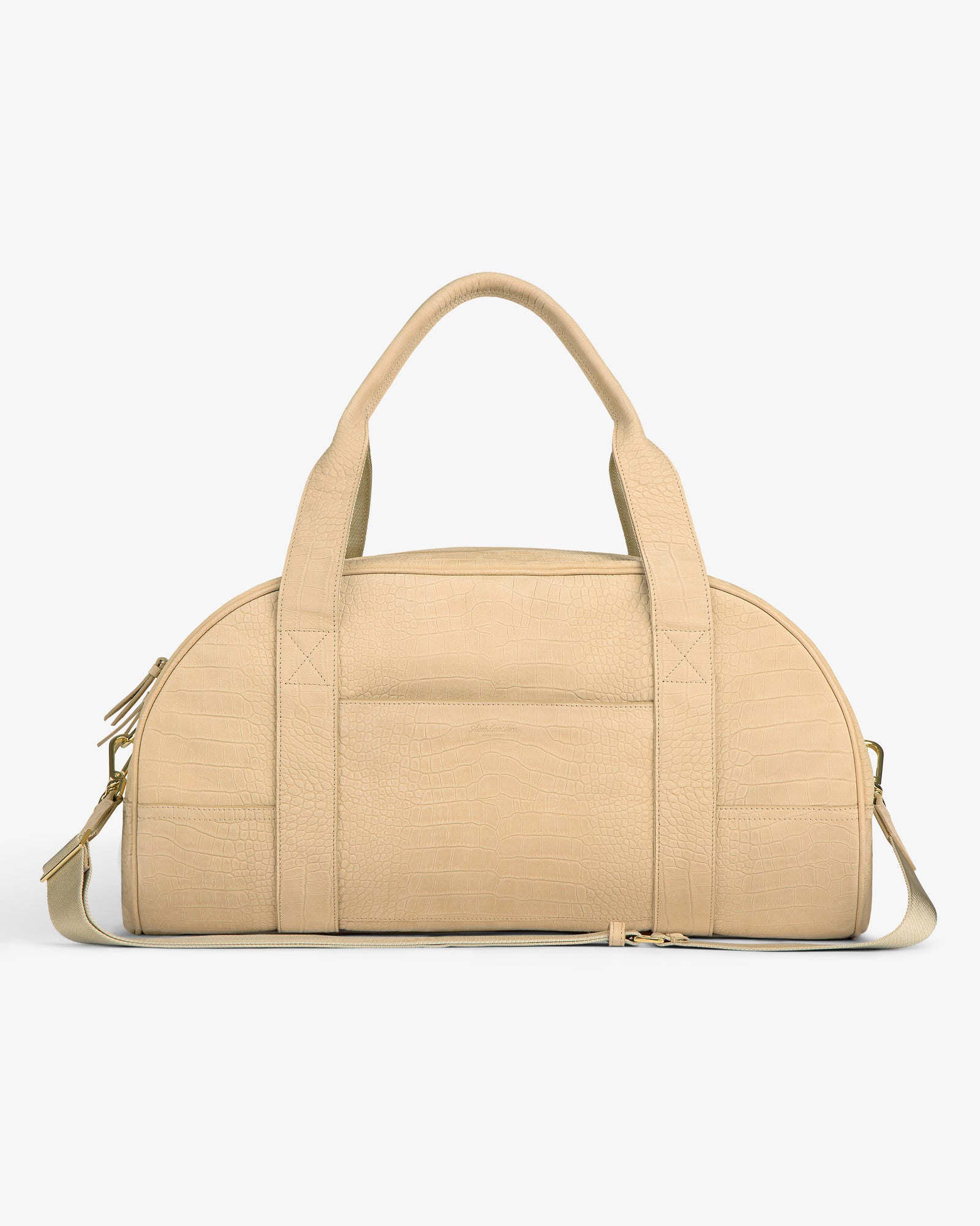 Croc-Embossed Nubuck Duffle with two handles and adjustable strap, shown on a white background.