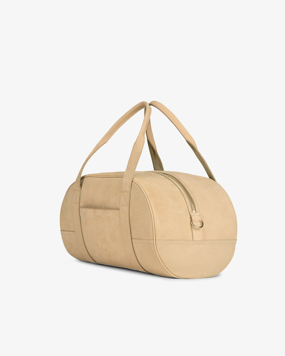 Croc-Embossed Nubuck Duffle, beige and cylindrical with long handles, side pocket, and top zipper on a white background.
