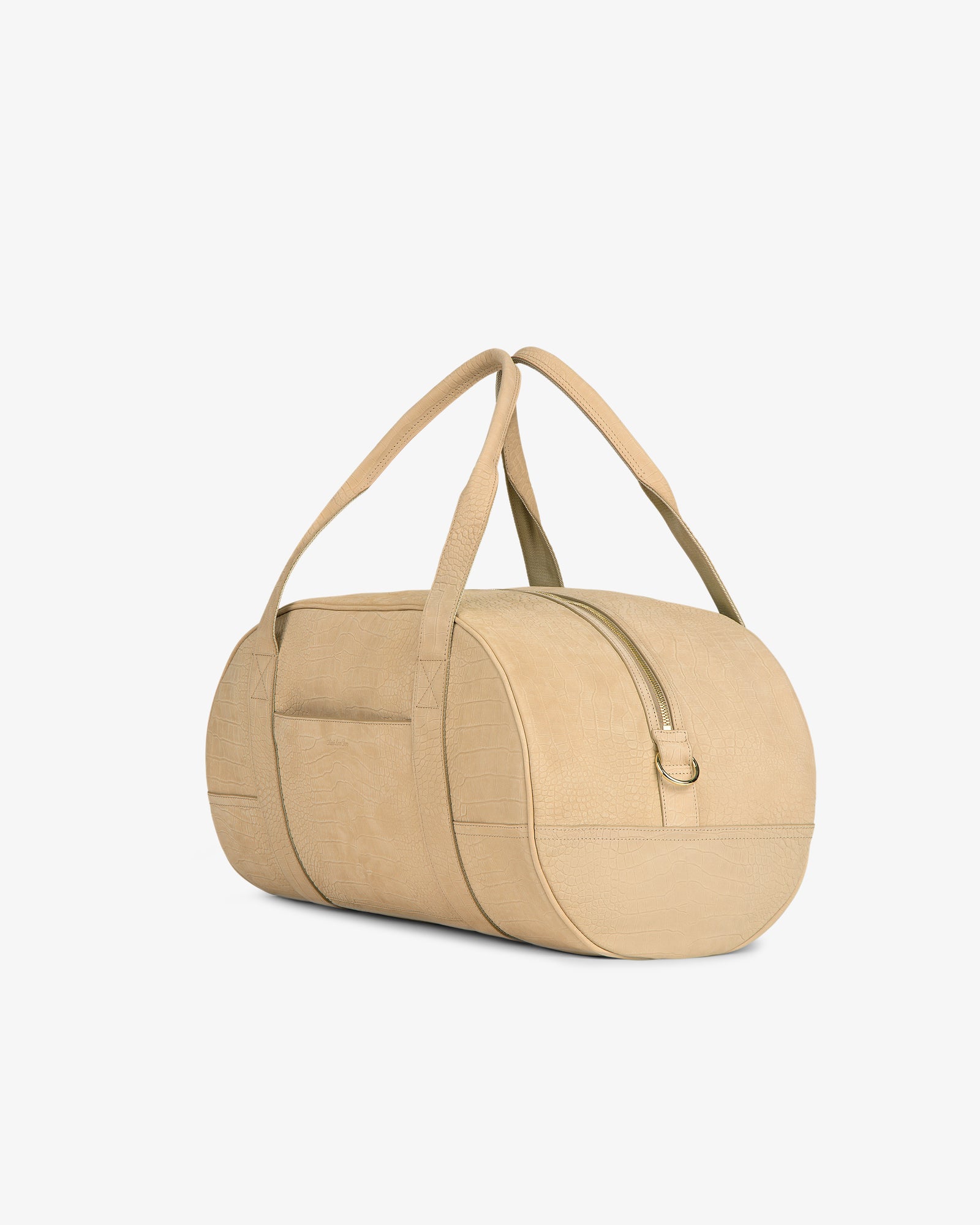 Croc-Embossed Nubuck Duffle, beige and cylindrical with long handles, side pocket, and top zipper on a white background.