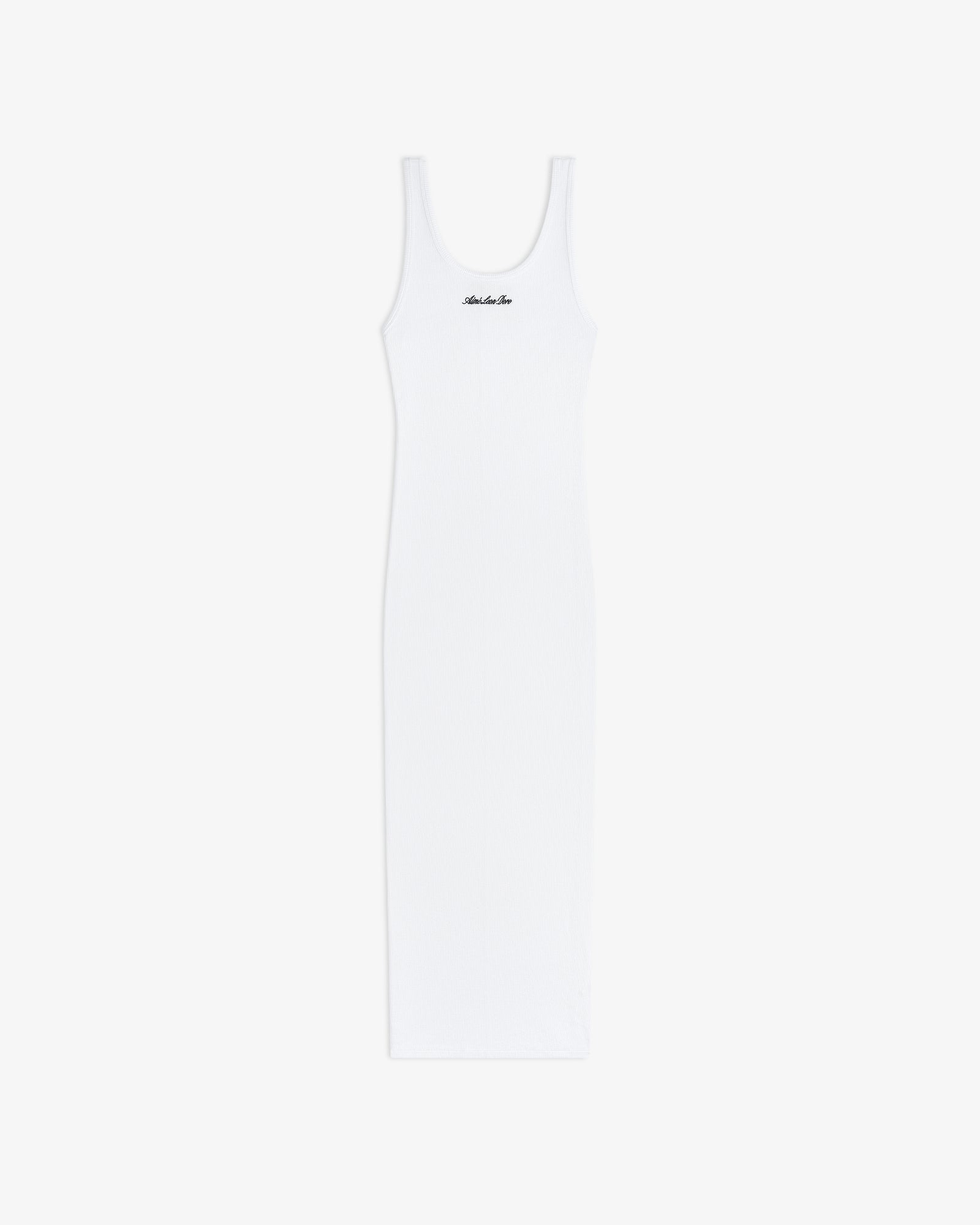 White ribbed midi Embroidered Logo Tank Dress with a scoop neck and small black chest embroidery.