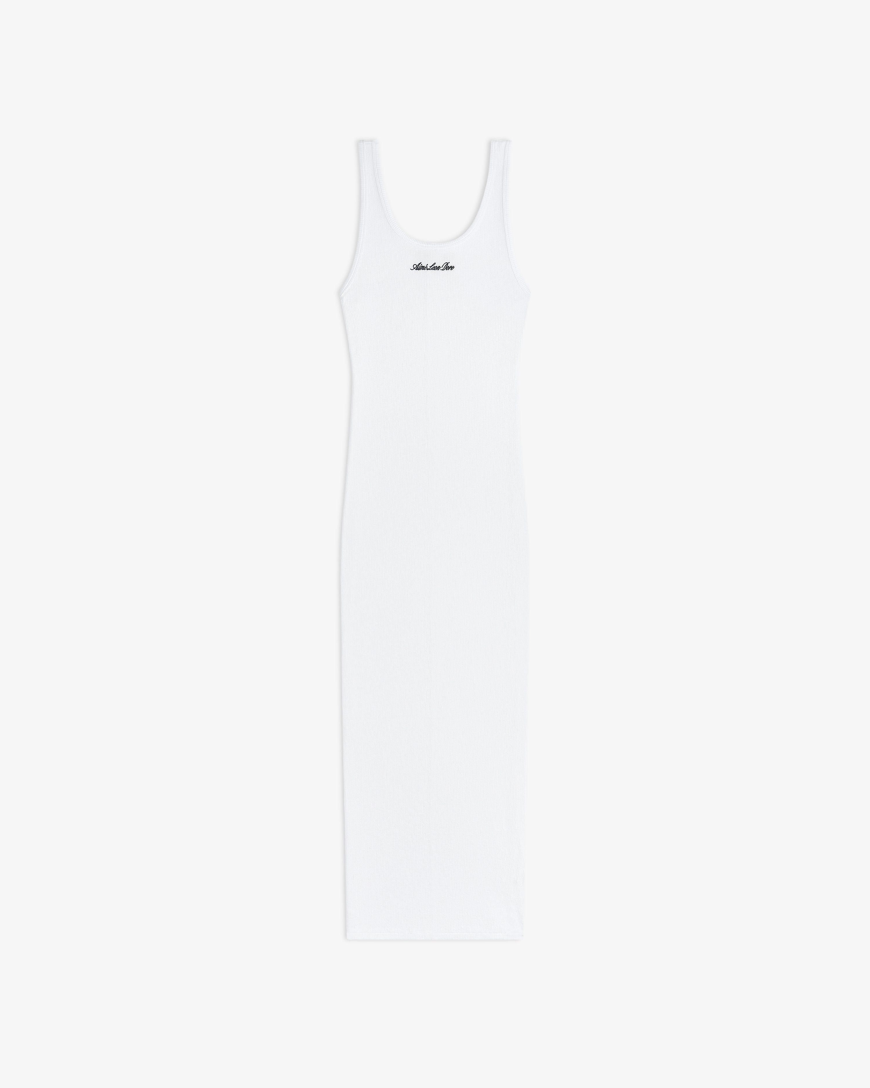 White ribbed midi Embroidered Logo Tank Dress with a scoop neck and small black chest embroidery.