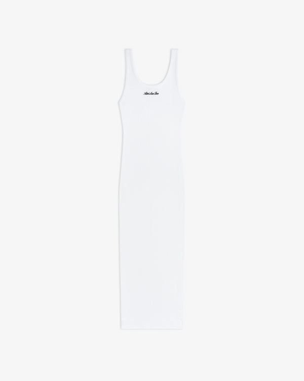 White ribbed midi Embroidered Logo Tank Dress with a scoop neck and small black chest embroidery.