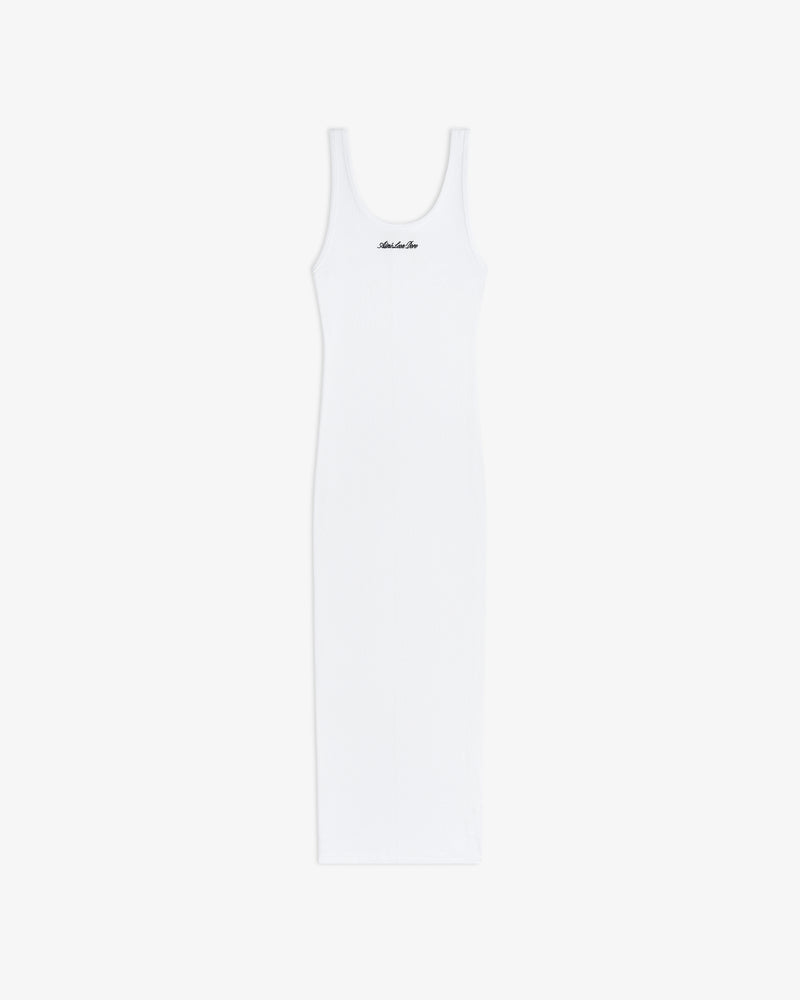 White ribbed midi Embroidered Logo Tank Dress with a scoop neck and small black chest embroidery.