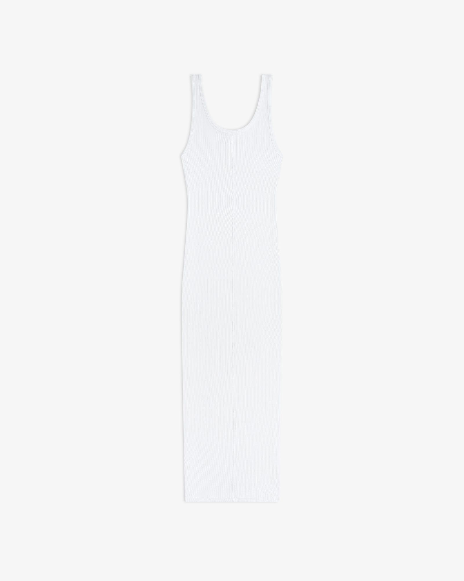 Embroidered Logo Tank Dress in white, sleeveless, scoop-neck, ribbed knit midi style, laid flat on white background.