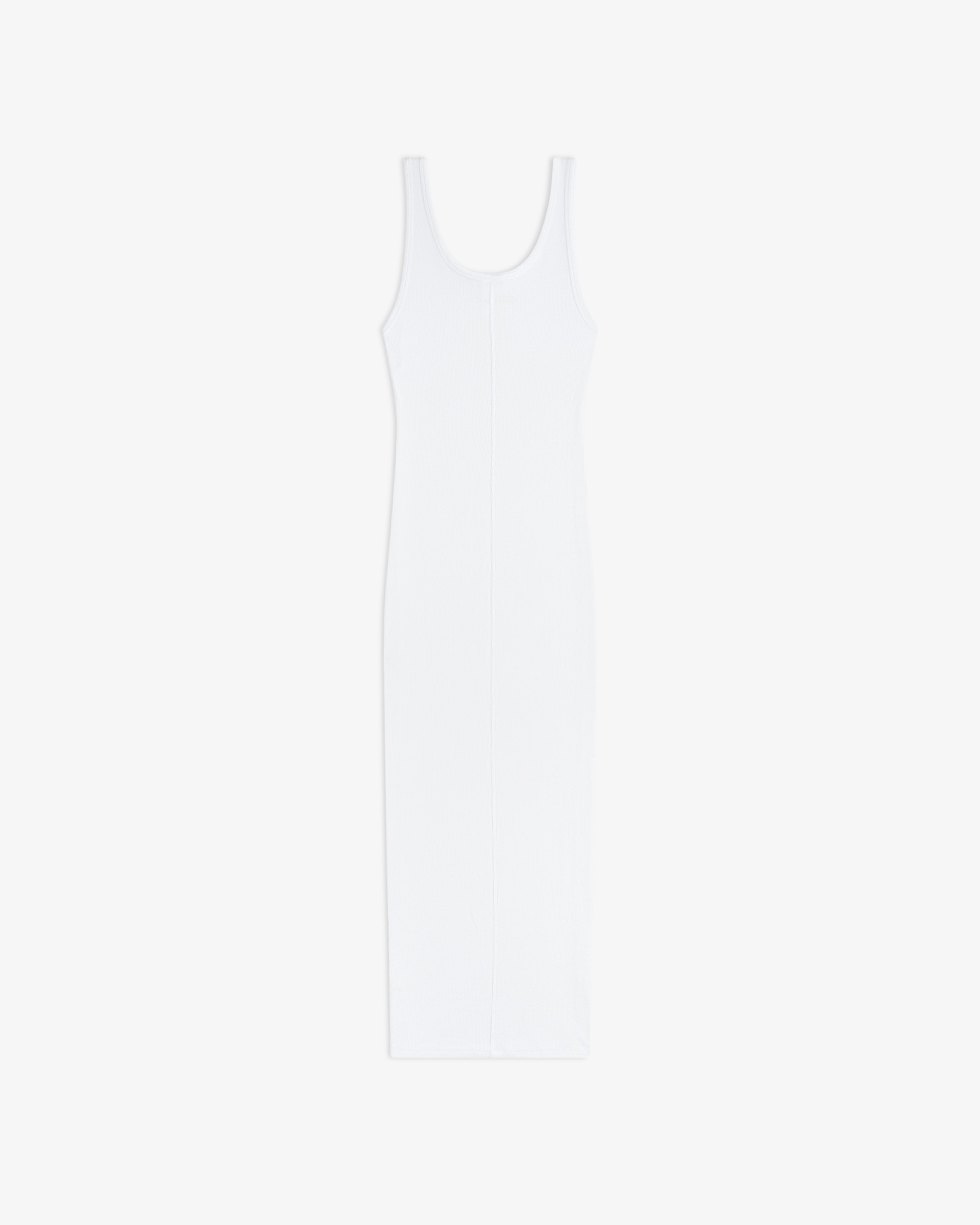 Embroidered Logo Tank Dress in white, sleeveless, scoop-neck, ribbed knit midi style, laid flat on white background.