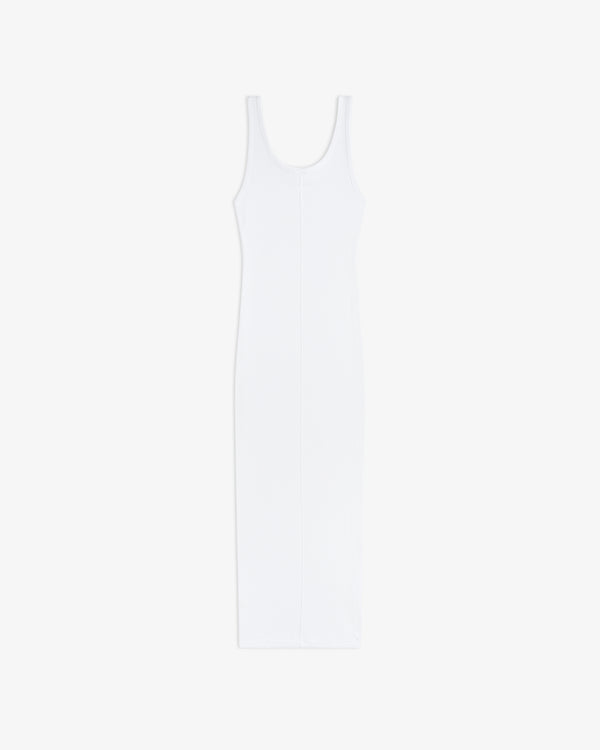 Embroidered Logo Tank Dress in white, sleeveless, scoop-neck, ribbed knit midi style, laid flat on white background.