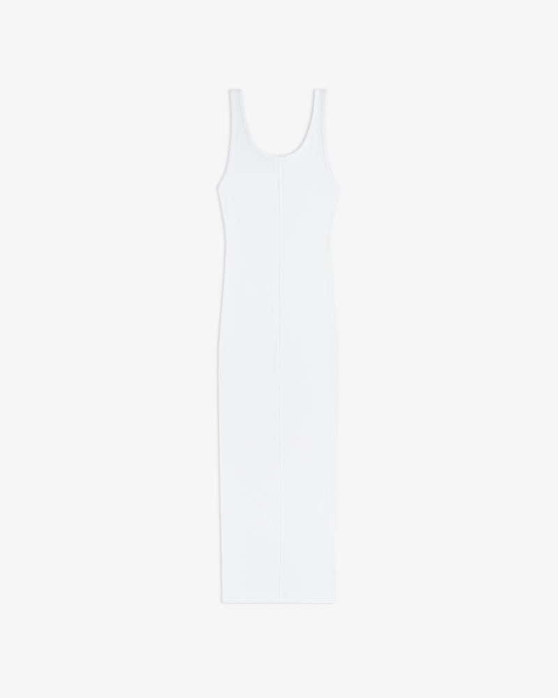 Embroidered Logo Tank Dress in white, sleeveless, scoop-neck, ribbed knit midi style, laid flat on white background.
