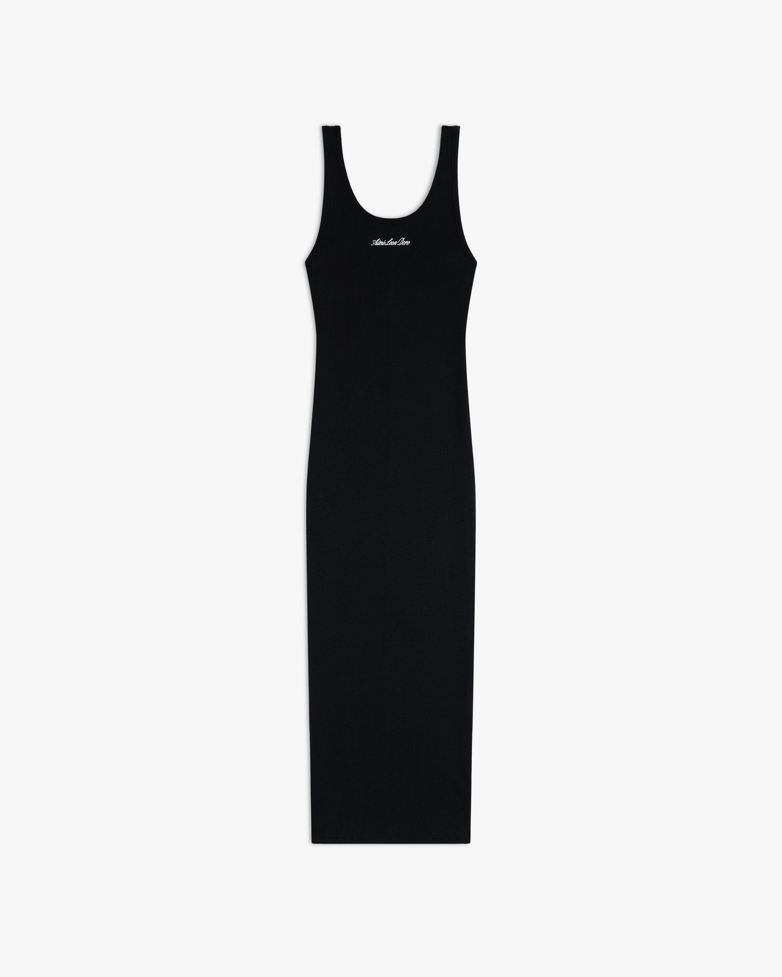 Embroidered Logo Tank Dress in black, sleeveless with scoop neckline and chest text, shown on a white background.