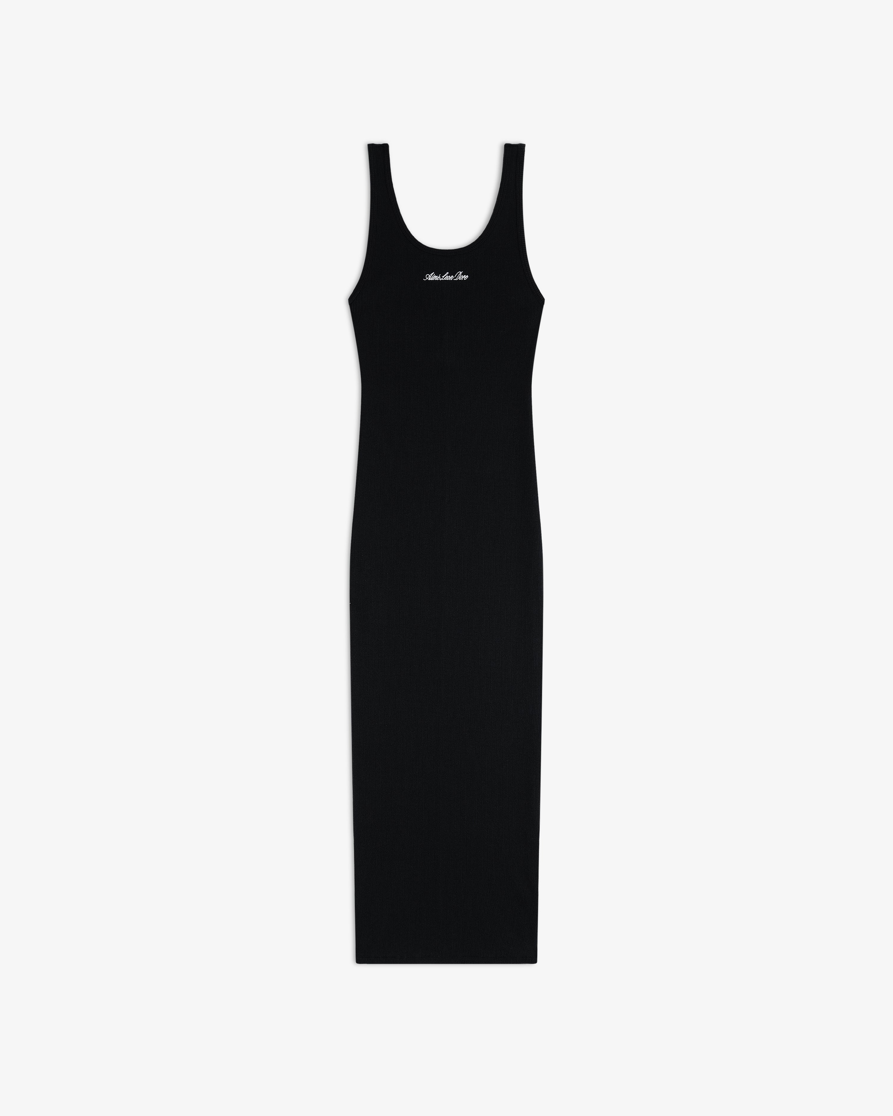 Embroidered Logo Tank Dress in black, sleeveless with scoop neckline and chest text, shown on a white background.