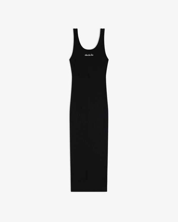 Embroidered Logo Tank Dress in black, sleeveless with scoop neckline and chest text, shown on a white background.