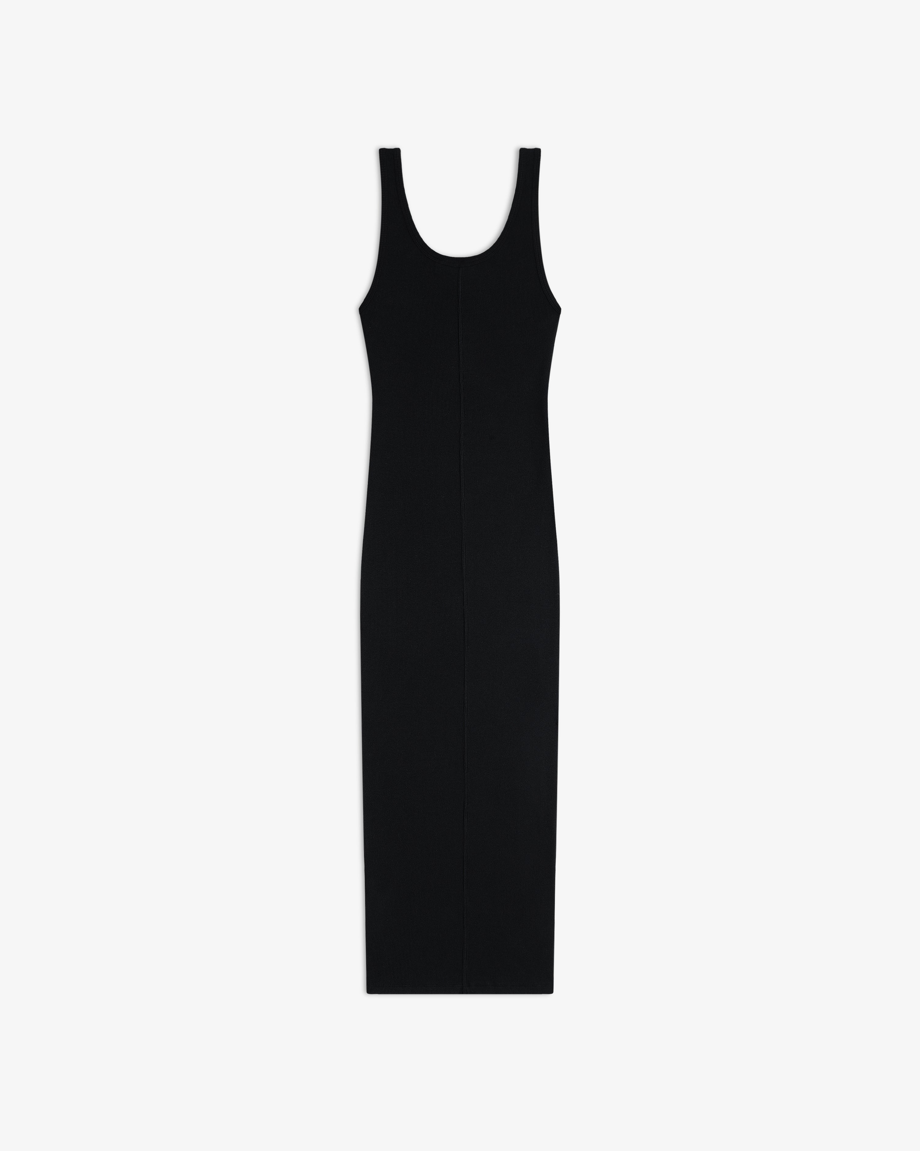 Embroidered Logo Tank Dress in black with a scoop neckline and fitted silhouette, shown laid flat on white background.