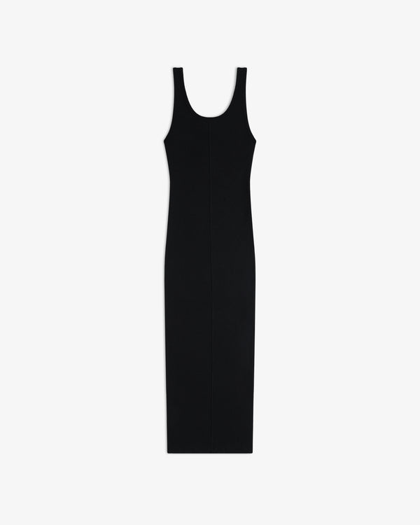 Embroidered Logo Tank Dress in black with a scoop neckline and fitted silhouette, shown laid flat on white background.
