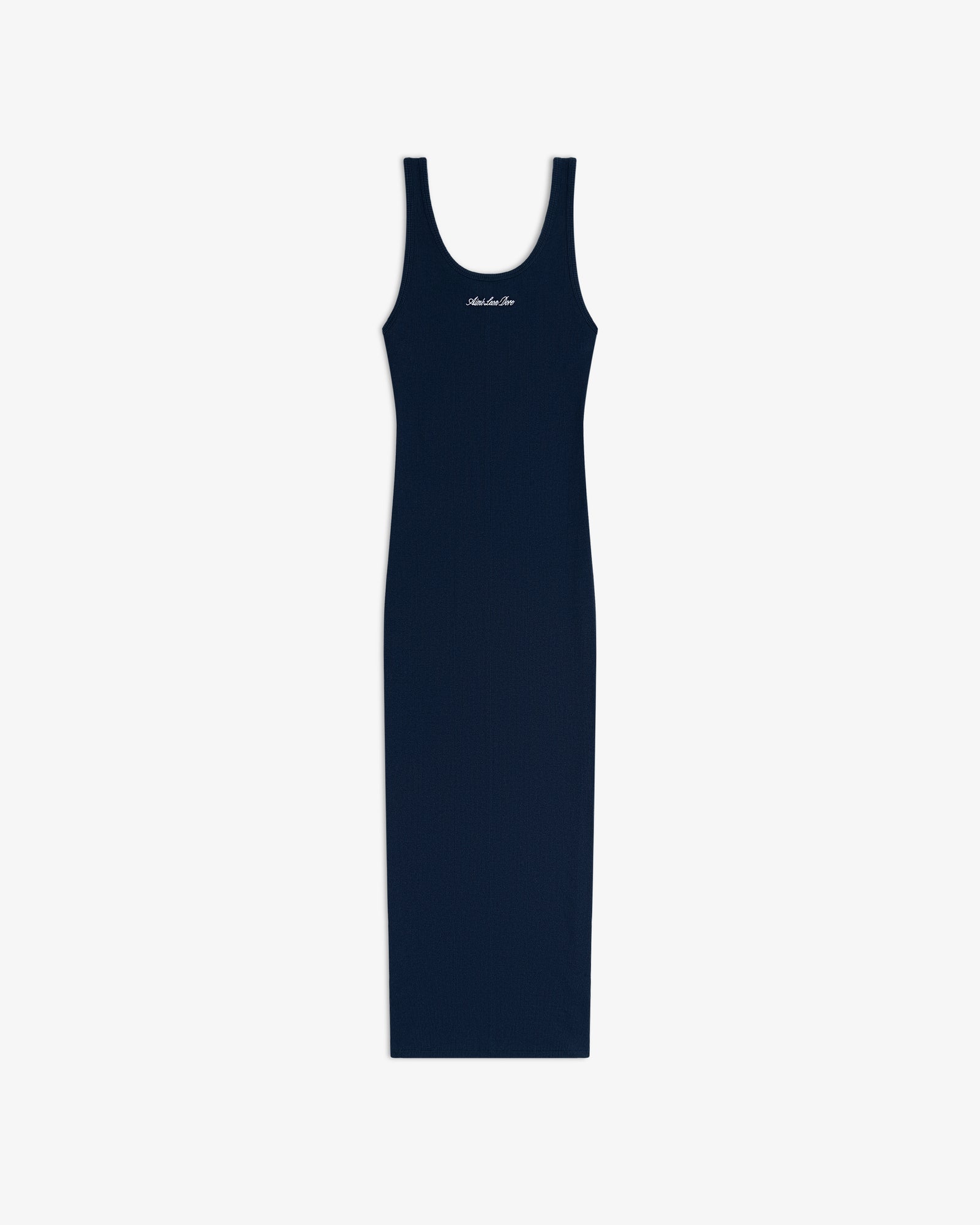 Navy ribbed Embroidered Logo Tank Dress with a scoop neck and small white script on the chest.