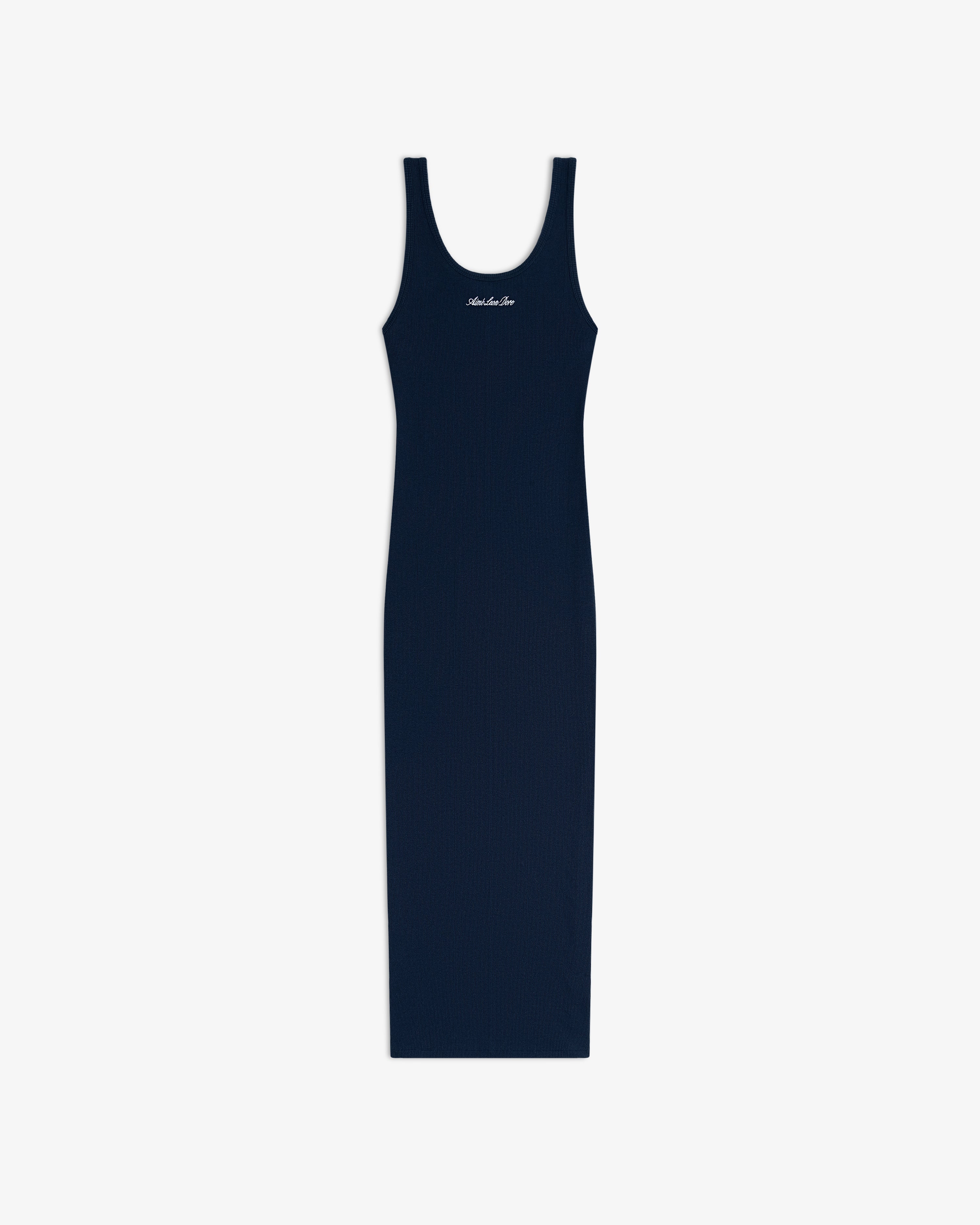 Navy ribbed Embroidered Logo Tank Dress with a scoop neck and small white script on the chest.