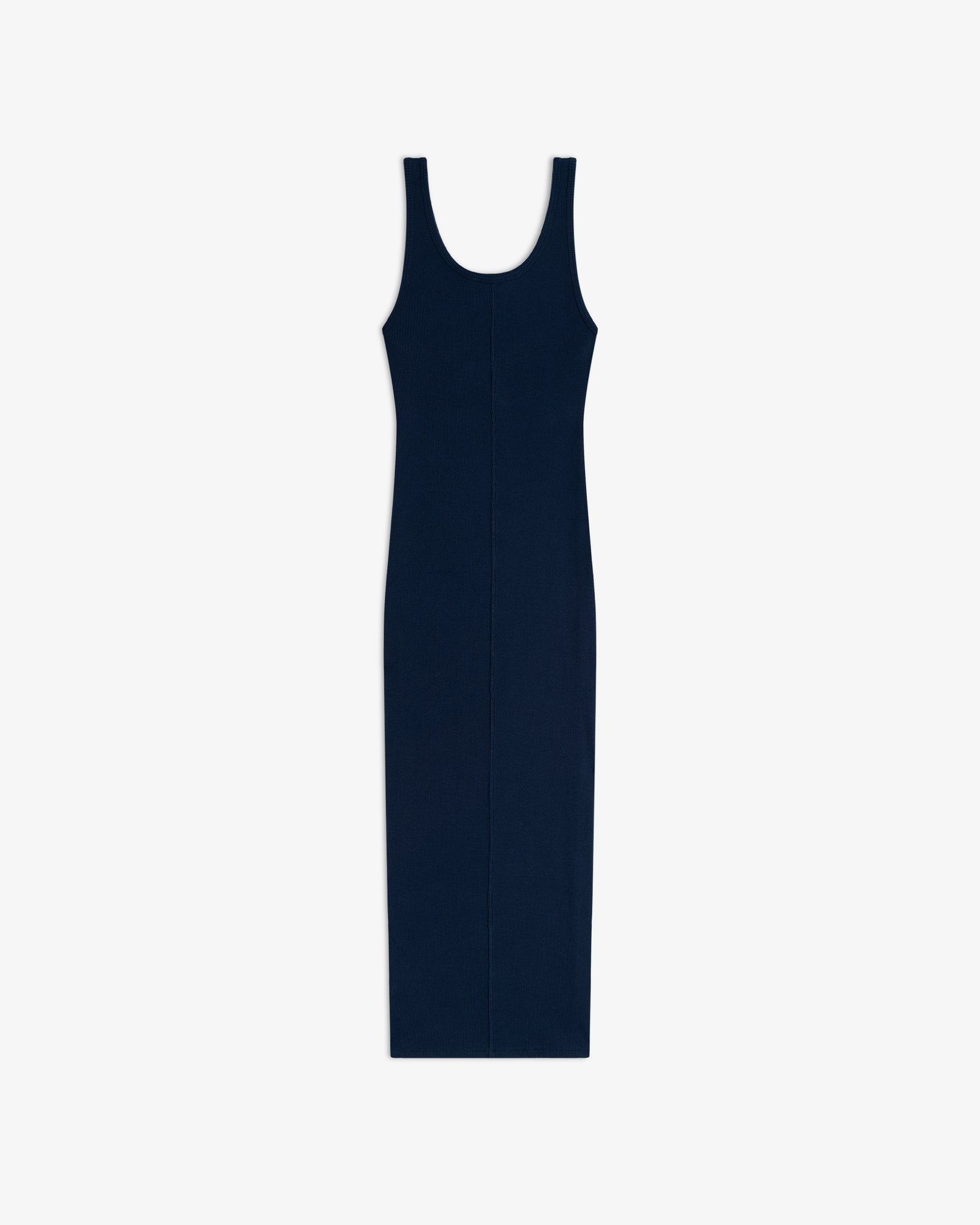 Embroidered Logo Tank Dress: sleeveless, navy blue, ribbed midi with scoop neckline on a white background.