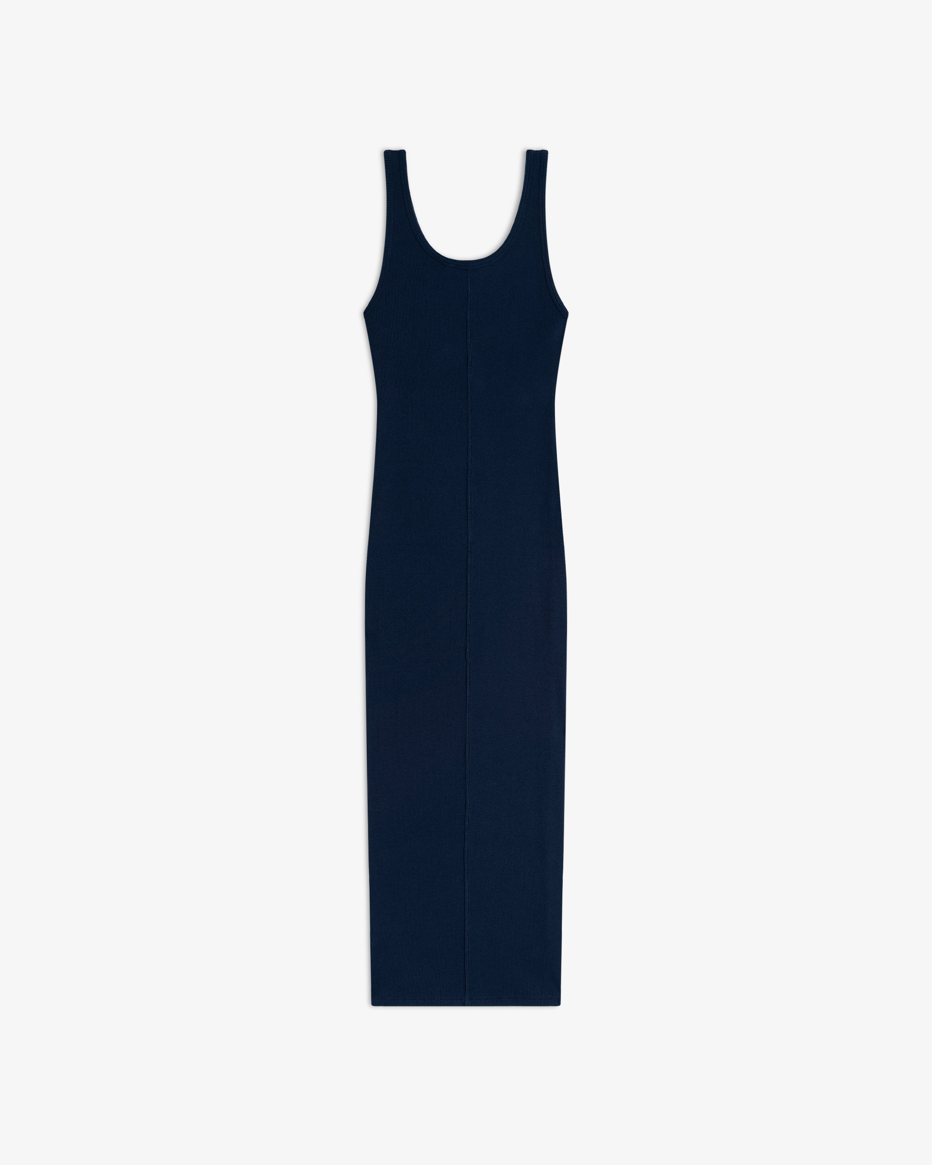 Embroidered Logo Tank Dress: sleeveless, navy blue, ribbed midi with scoop neckline on a white background.