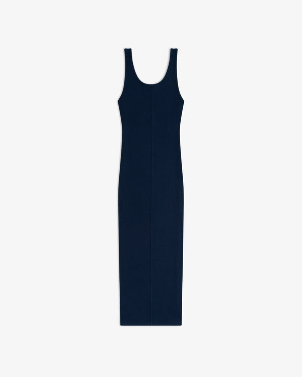 Embroidered Logo Tank Dress: sleeveless, navy blue, ribbed midi with scoop neckline on a white background.