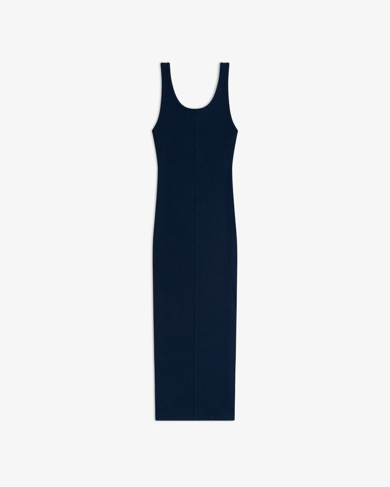 Embroidered Logo Tank Dress: sleeveless, navy blue, ribbed midi with scoop neckline on a white background.