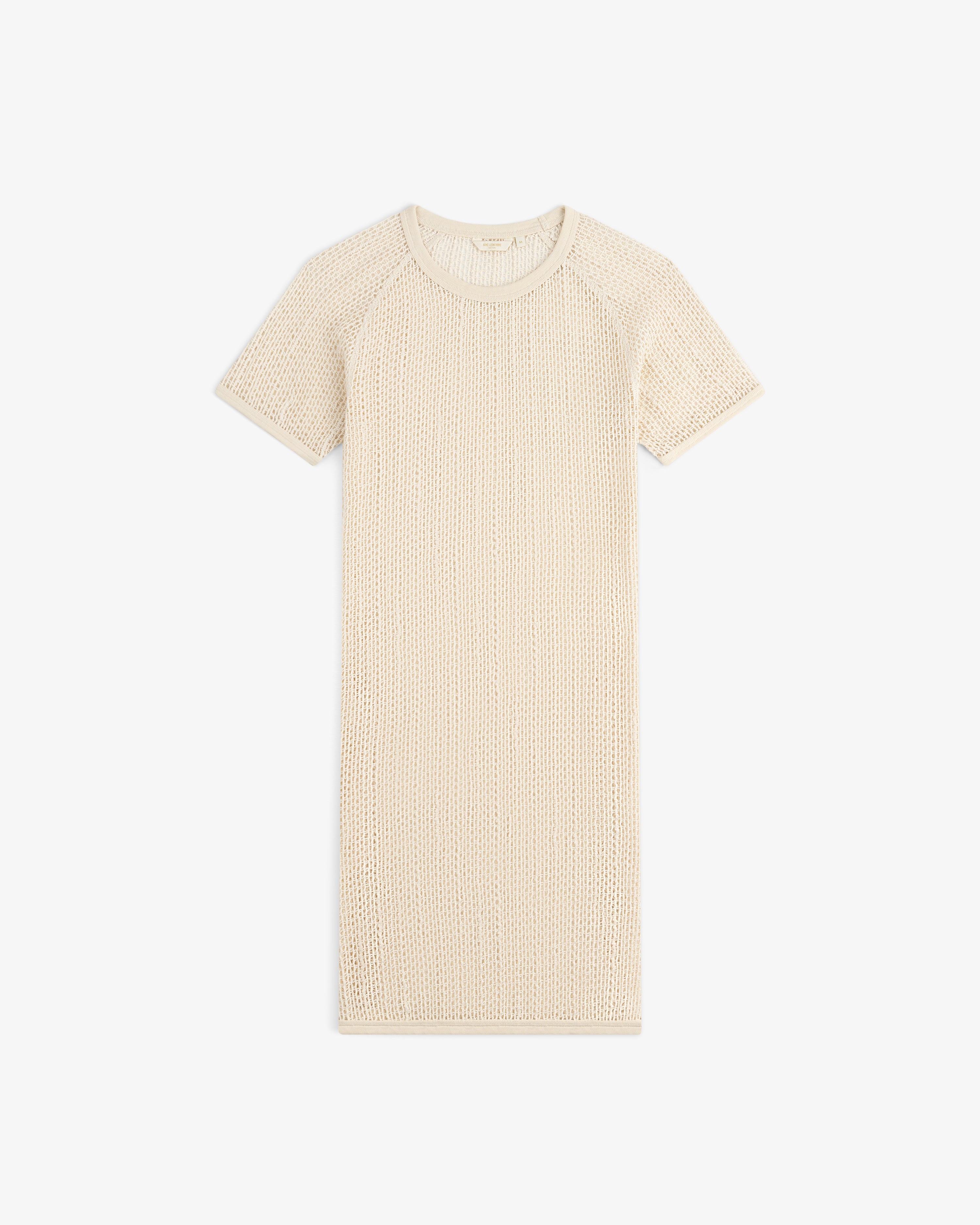 Open Mesh Mini Dress, cream-colored with short sleeves, displayed flat on a white background.