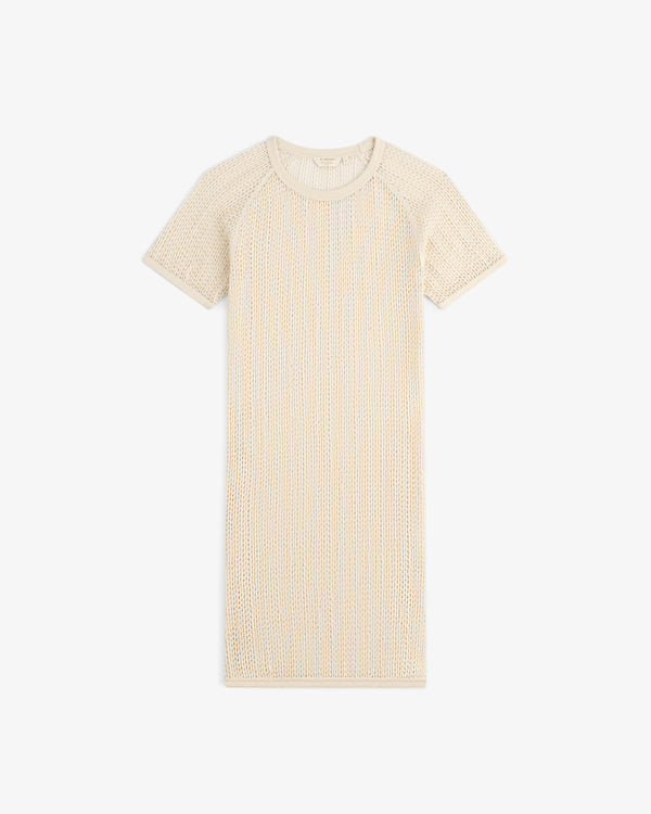 Open Mesh Mini Dress, cream-colored with short sleeves, displayed flat on a white background.
