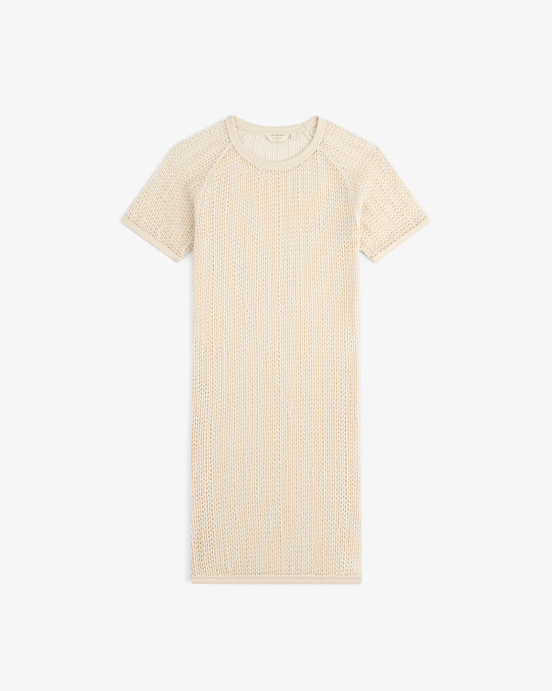 Open Mesh Mini Dress, cream-colored with short sleeves, displayed flat on a white background.