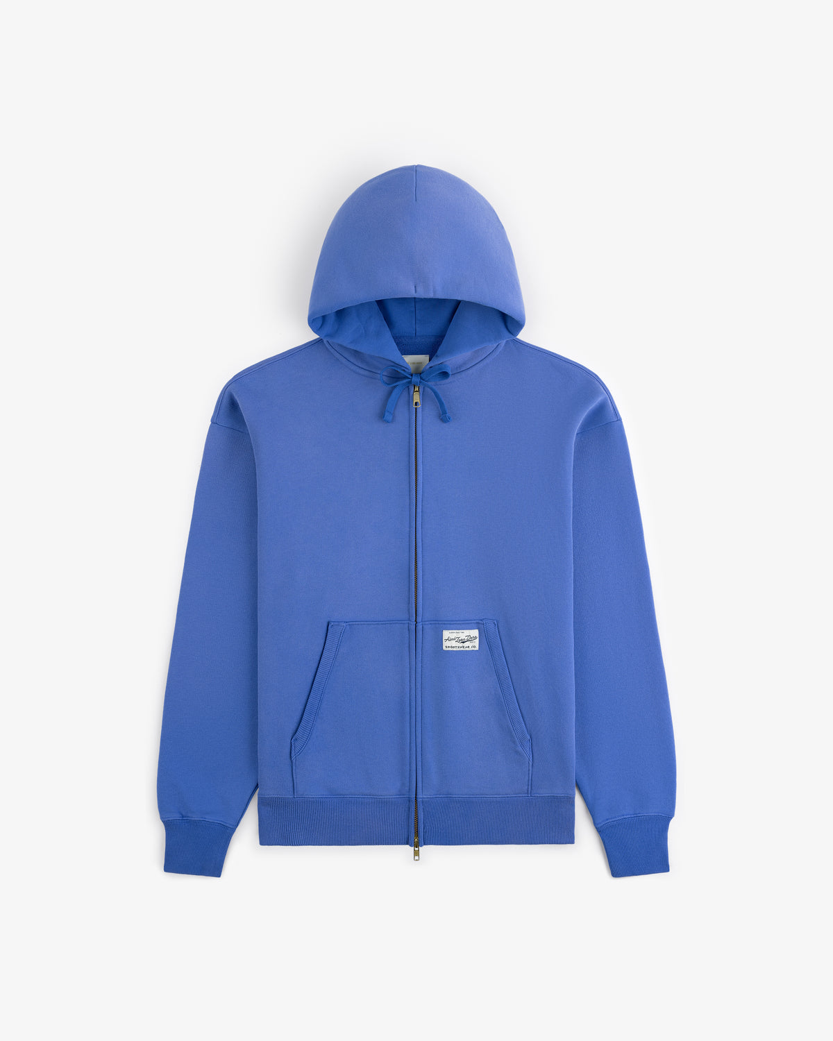 Sun Faded Full-Zip Hoodie in bright blue with drawstring hood, kangaroo pocket, and small white front label.