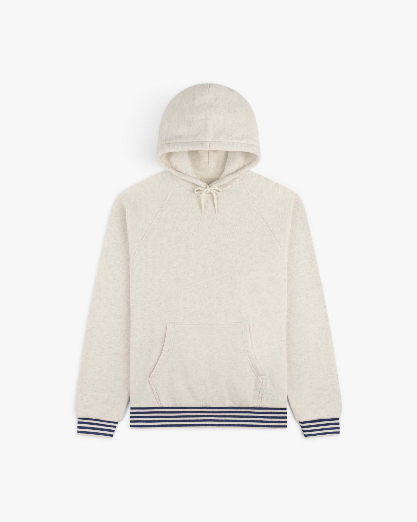 Dock Hoodie in light beige, featuring a front pocket and navy striped ribbed cuffs and waistband, laid flat on white.
