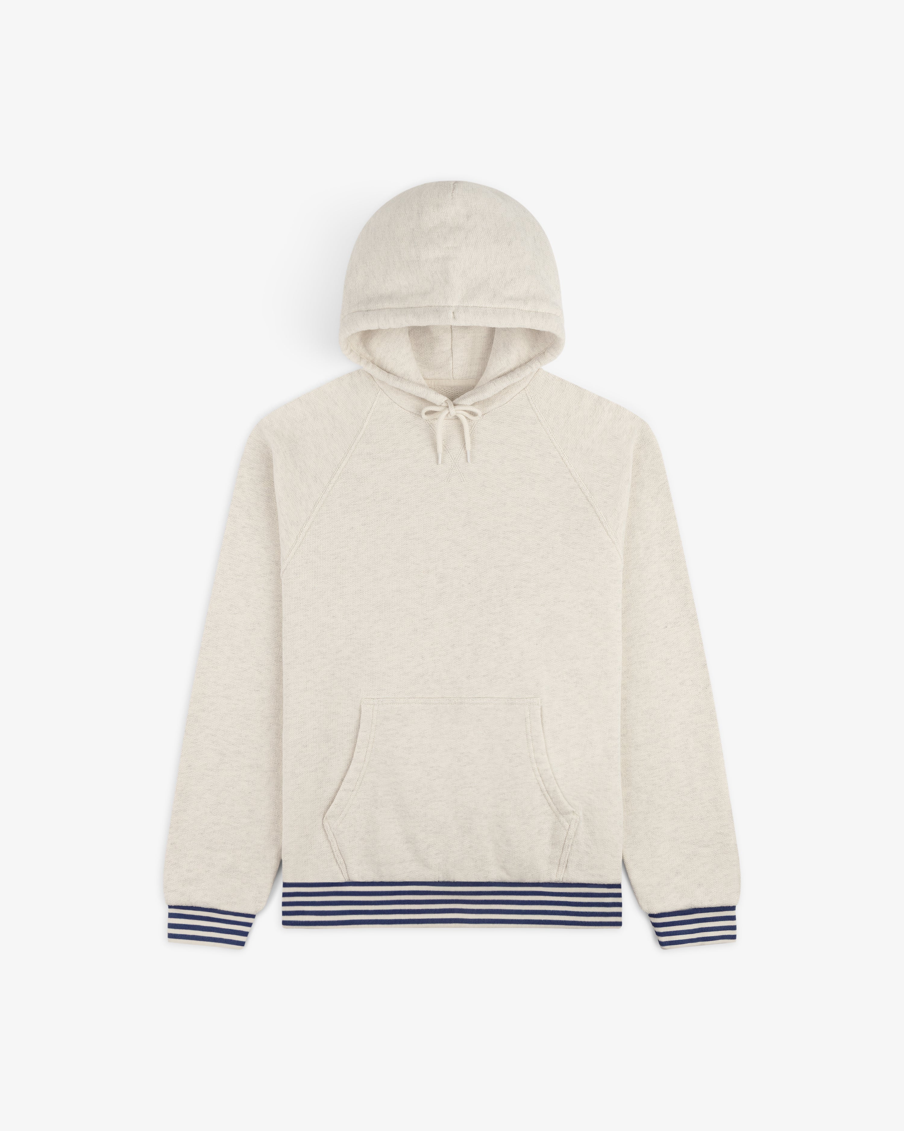 Dock Hoodie in light beige, featuring a front pocket and navy striped ribbed cuffs and waistband, laid flat on white.