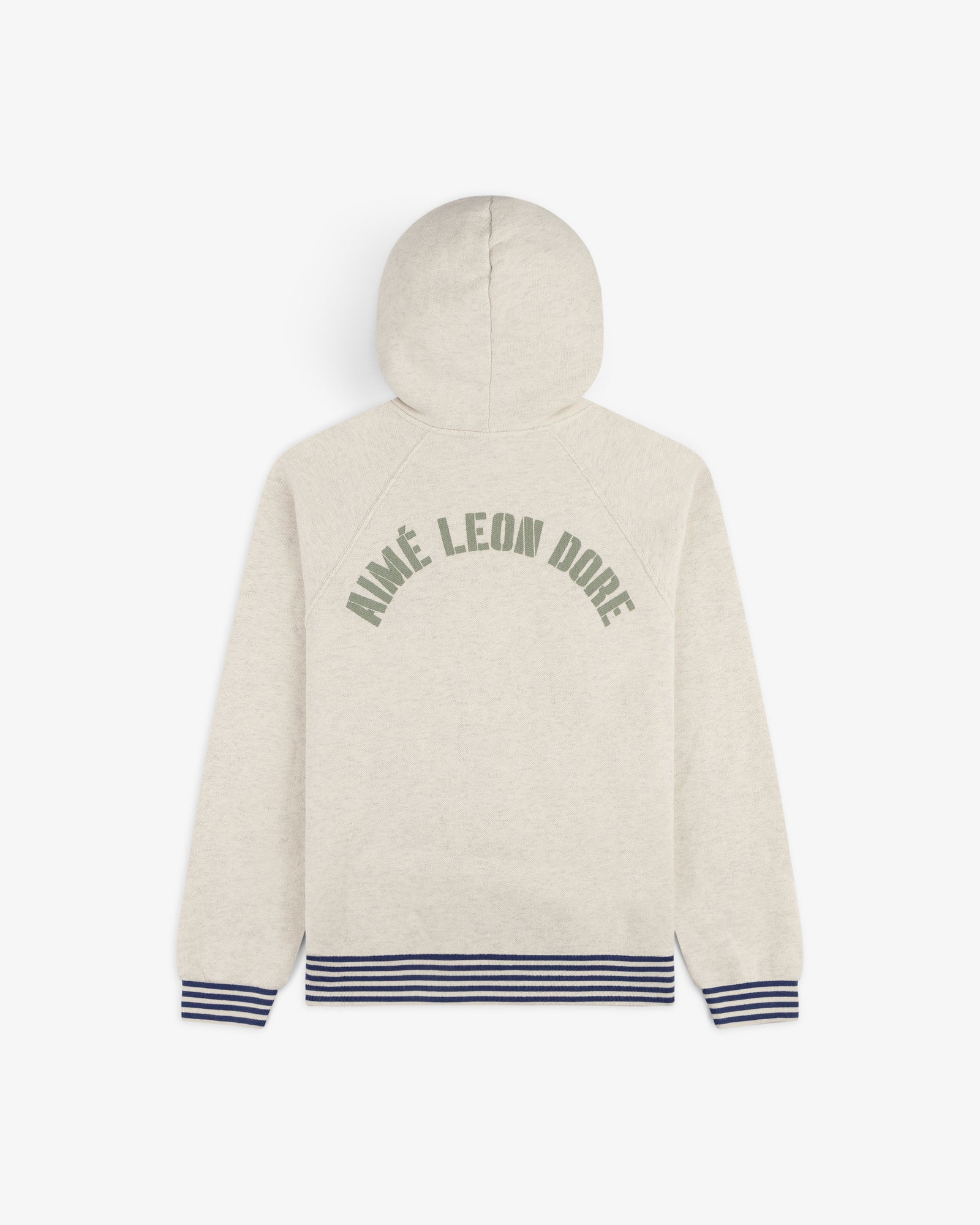 Beige Dock Hoodie with green Aimé Leon Dore text, navy striped cuffs and hem, shown from the back.