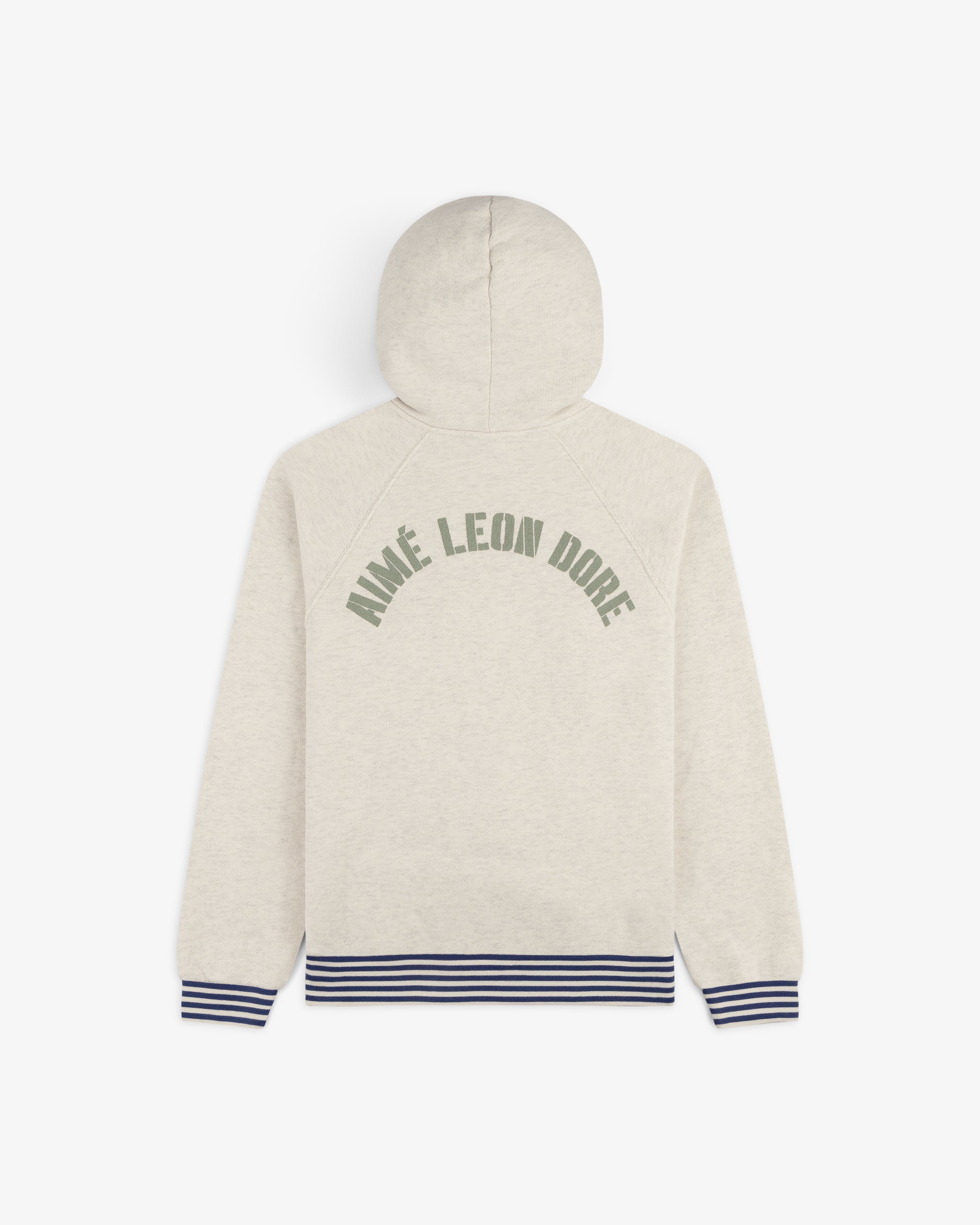 Beige Dock Hoodie with green Aimé Leon Dore text, navy striped cuffs and hem, shown from the back.