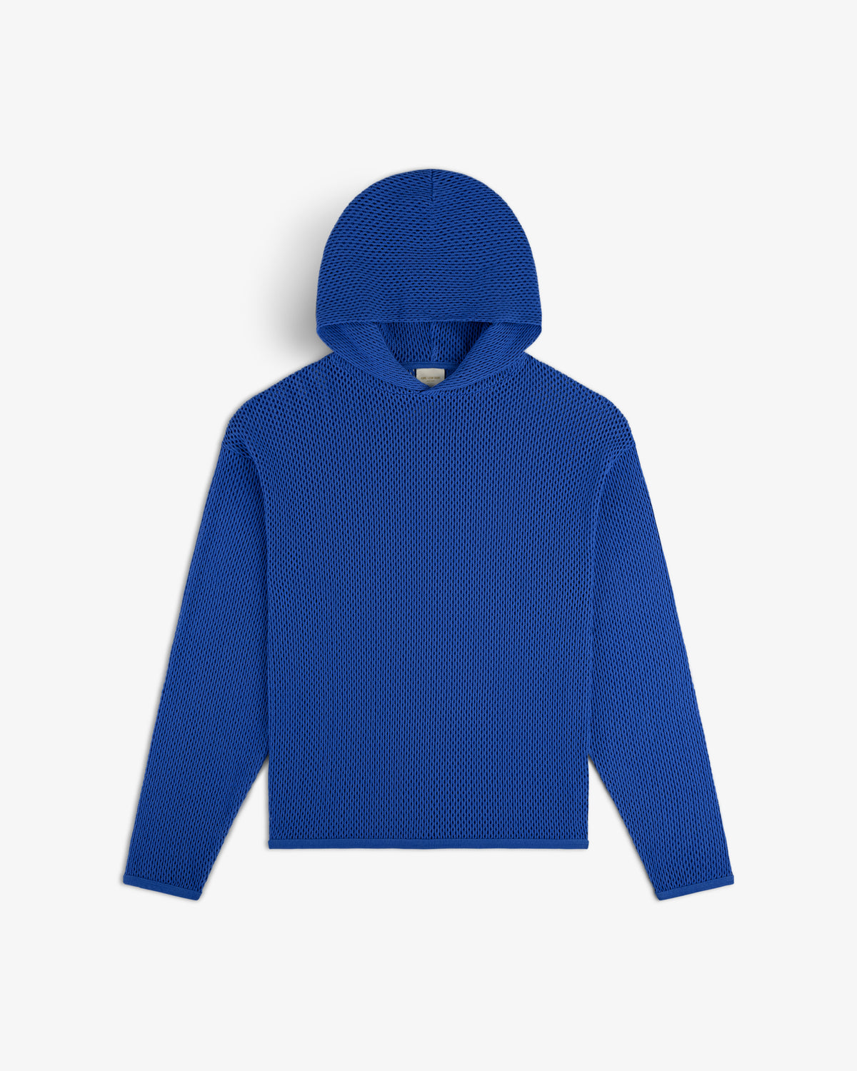 Open Mesh Hoodie in bright blue with textured knit and long sleeves, laid flat on a white background.