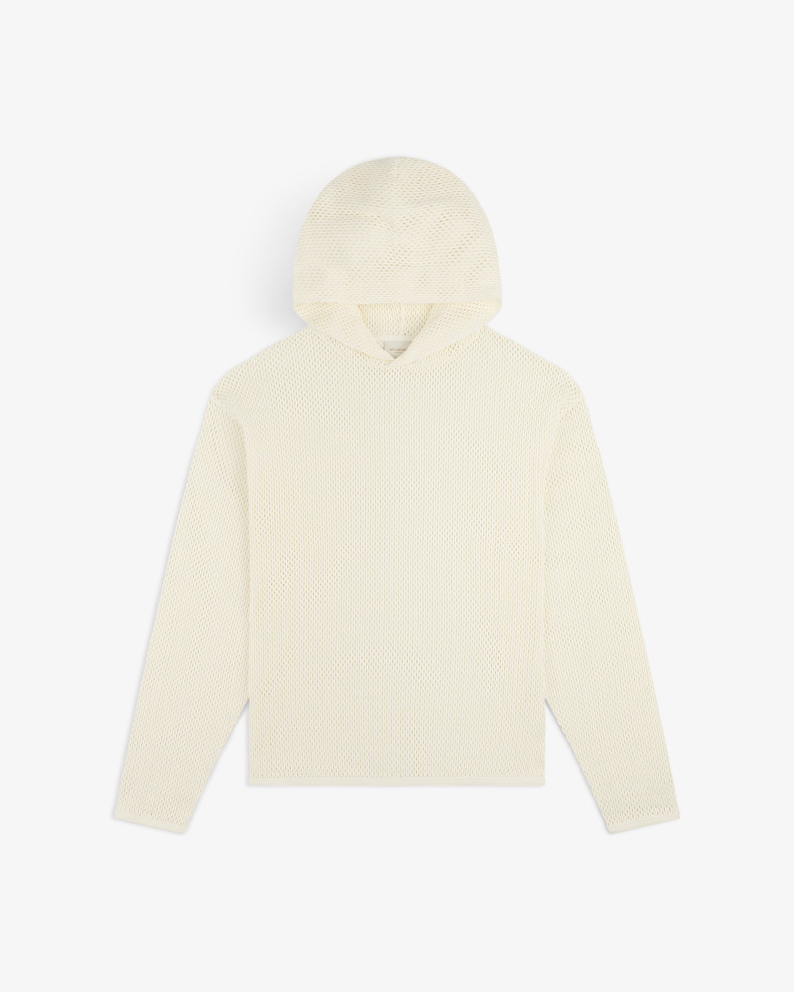 Open Mesh Hoodie in cream with long sleeves and textured design, displayed flat on a white background.