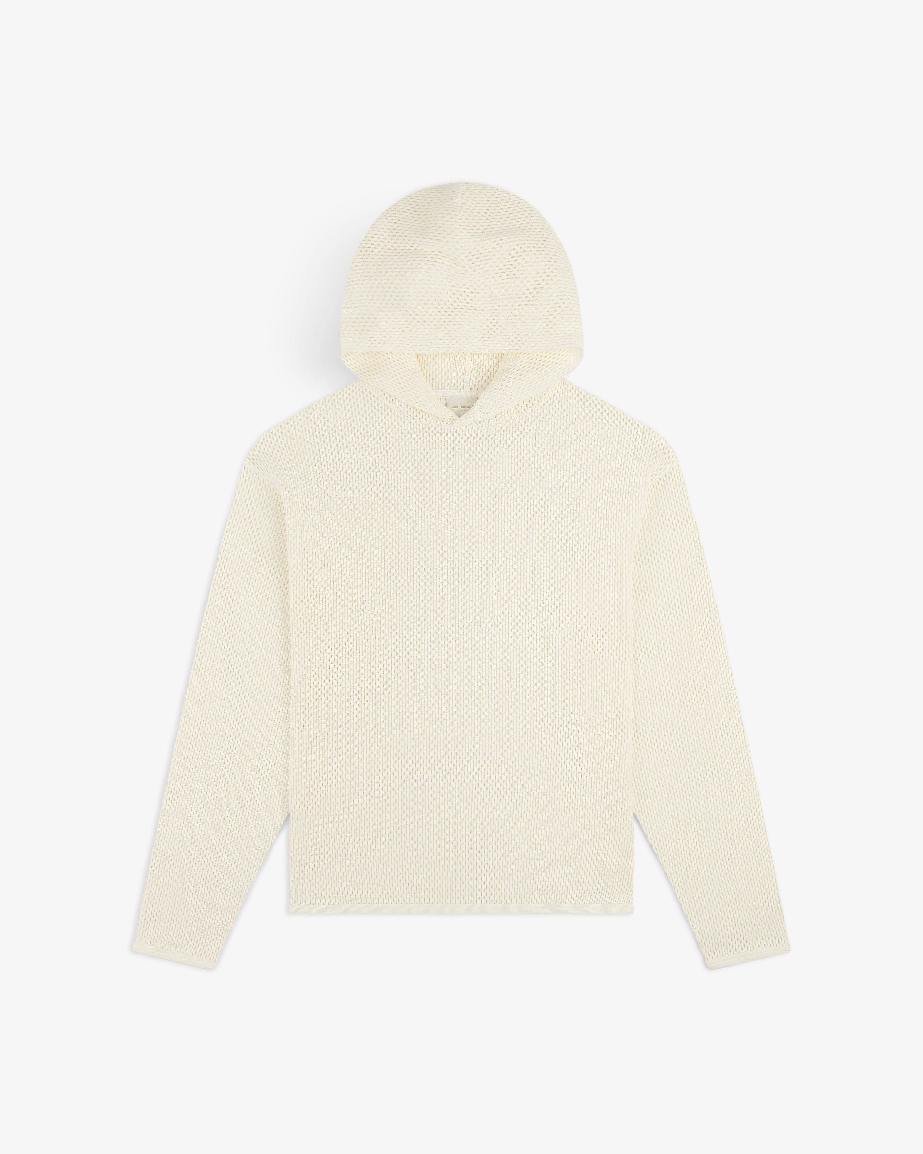 Open Mesh Hoodie in cream with long sleeves and textured design, displayed flat on a white background.