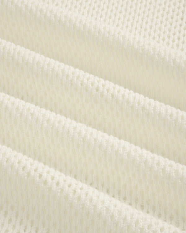 Close-up of the white Open Mesh Hoodie featuring a knitted, ribbed texture in horizontal folds.