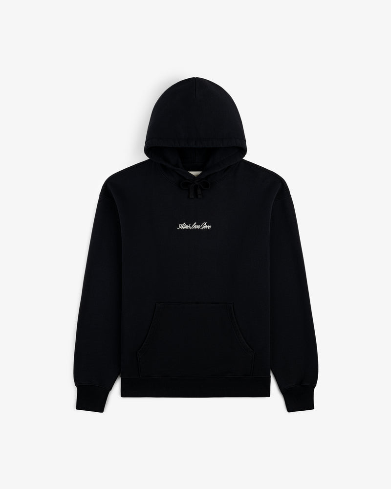 Embroidered Logo Hoodie in black with a front pocket and small white chest text, shown on a plain white background.