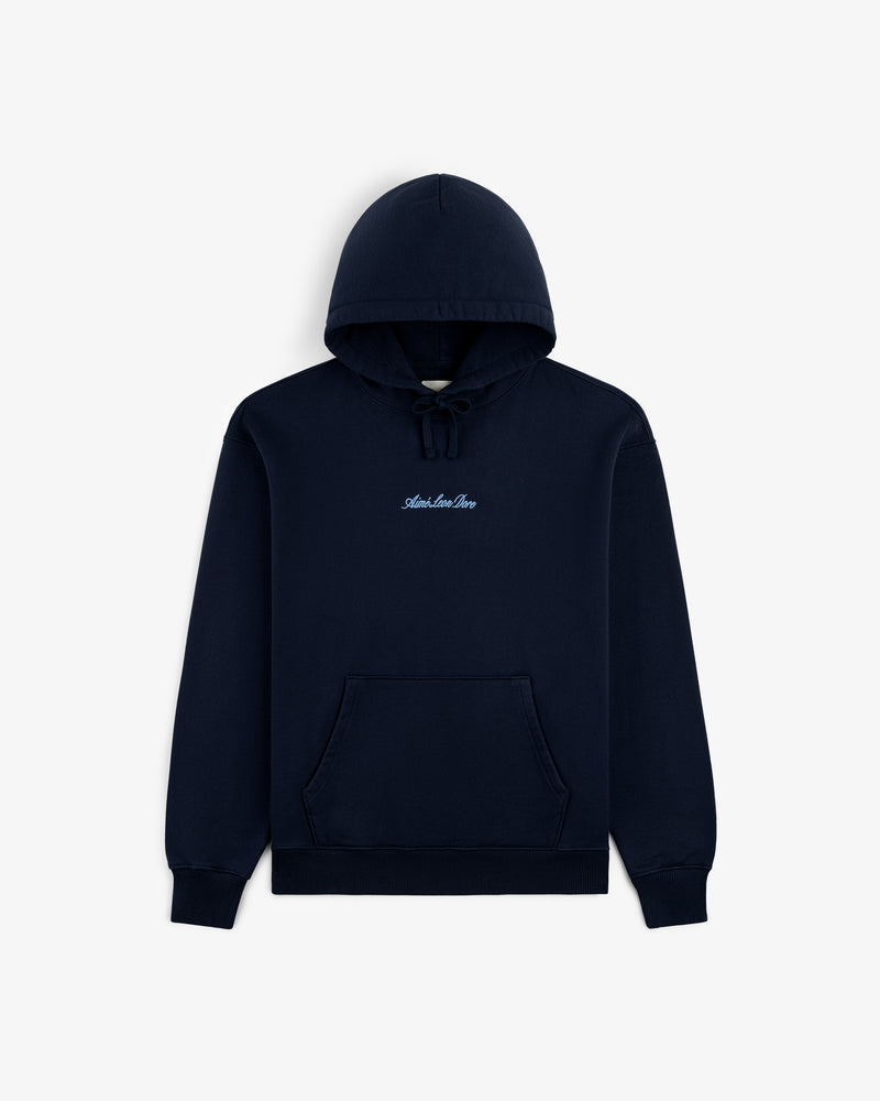 Navy Embroidered Logo Hoodie with front pocket and small white "Another Day" text on the chest.