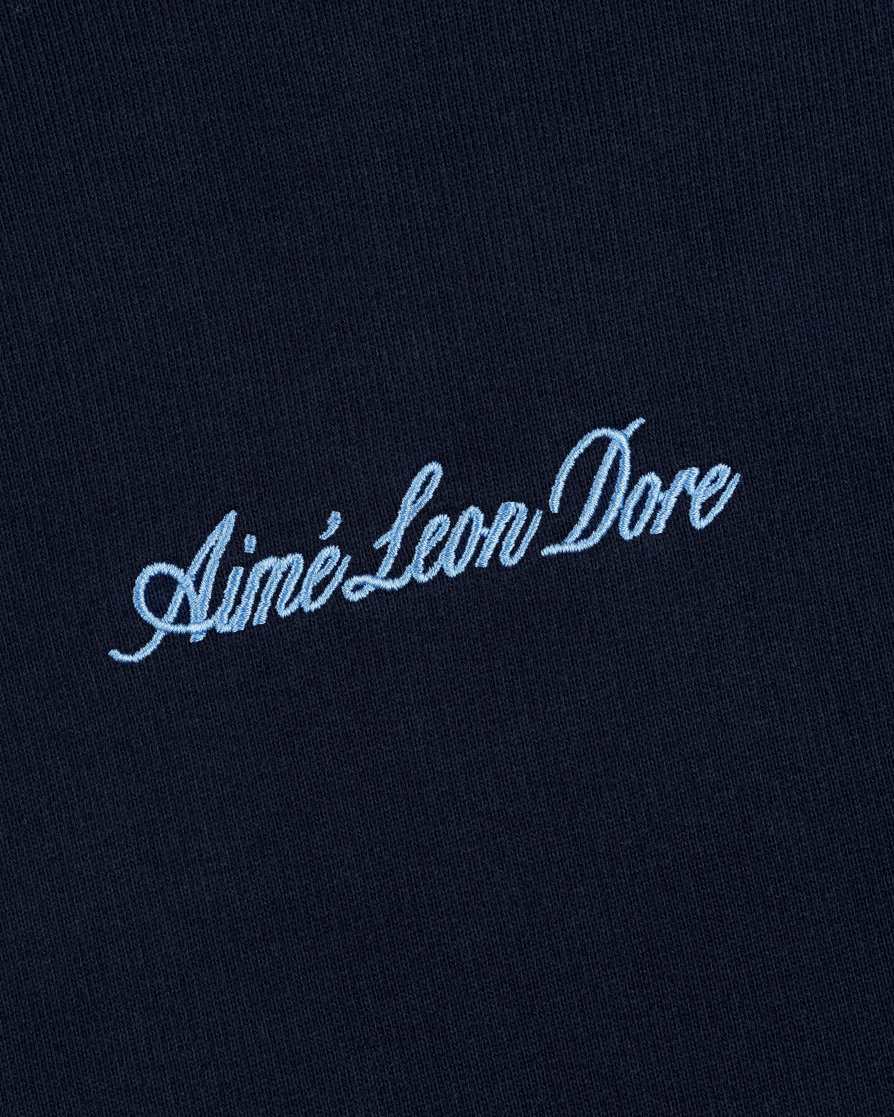 Navy blue Embroidered Logo Hoodie with Aimé Leon Dore in light blue cursive text.