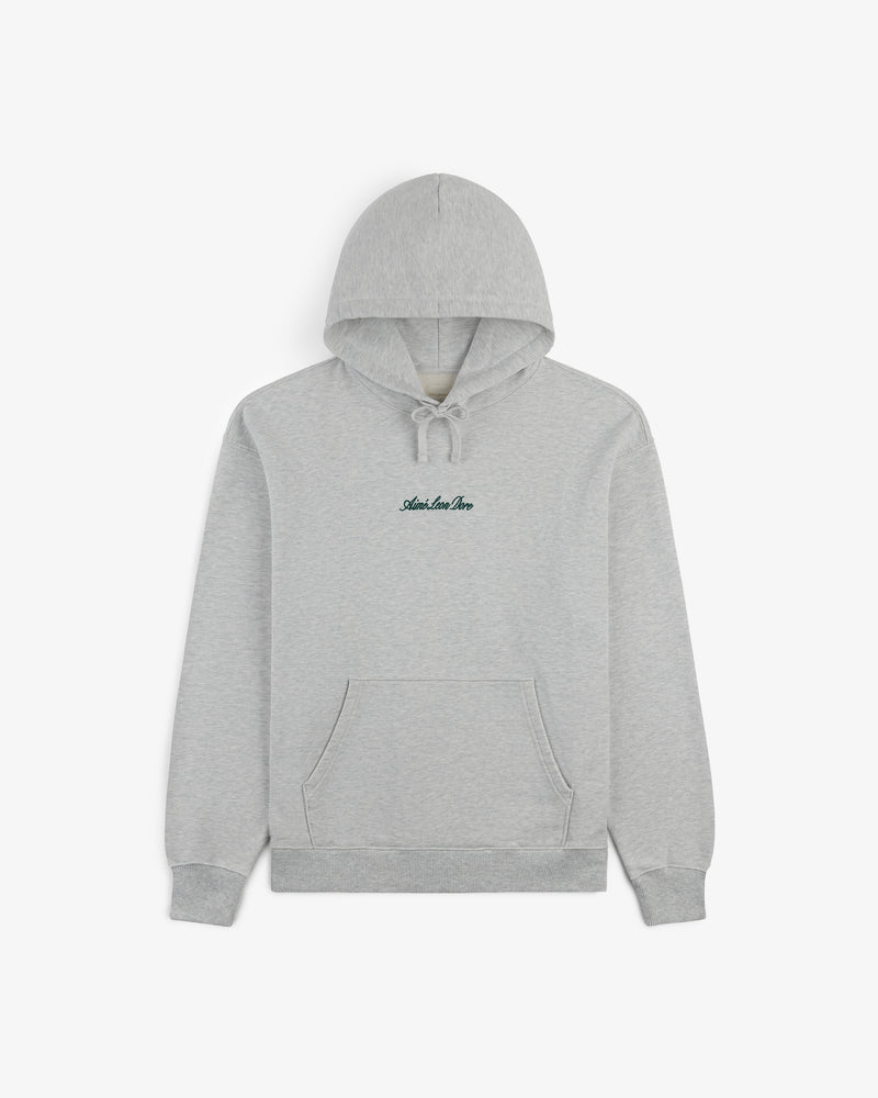 Embroidered Logo Hoodie in light gray with front pouch pocket and small chest logo, shown on a white background.