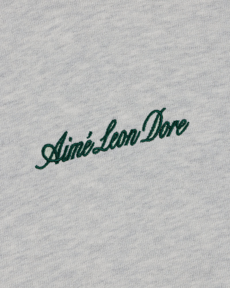Green Aimé Leon Dore script on light gray Embroidered Logo Hoodie.